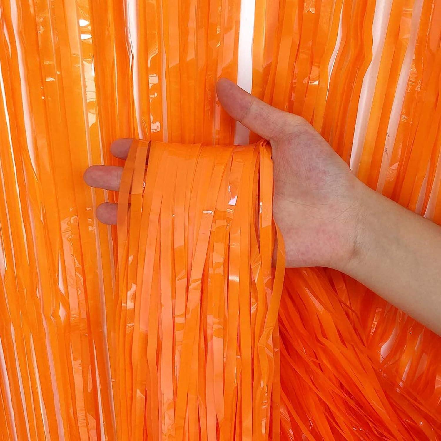 KIRIKOU Pack of 3 Foil Fringe Curtains Backdrop Party Decoration, Metallic Tinsel Curtain Photo Backdrop for Birthday Party Bridal Baby Shower Halloween Decorations (Orange, 3.2ft x 6.5ft)