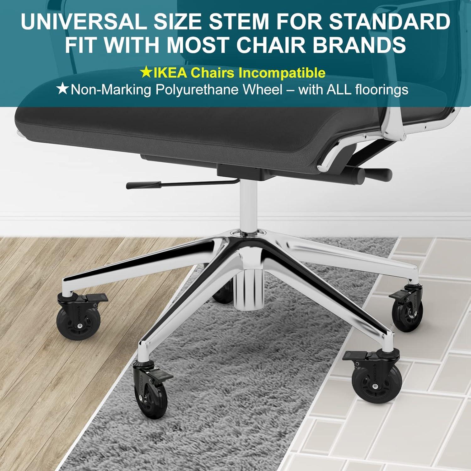 TICONN Office Chair Caster Wheels Set of 5 for Tile, Hardwood Floors and Carpets, Universal Fit for Most Chairs (Black)