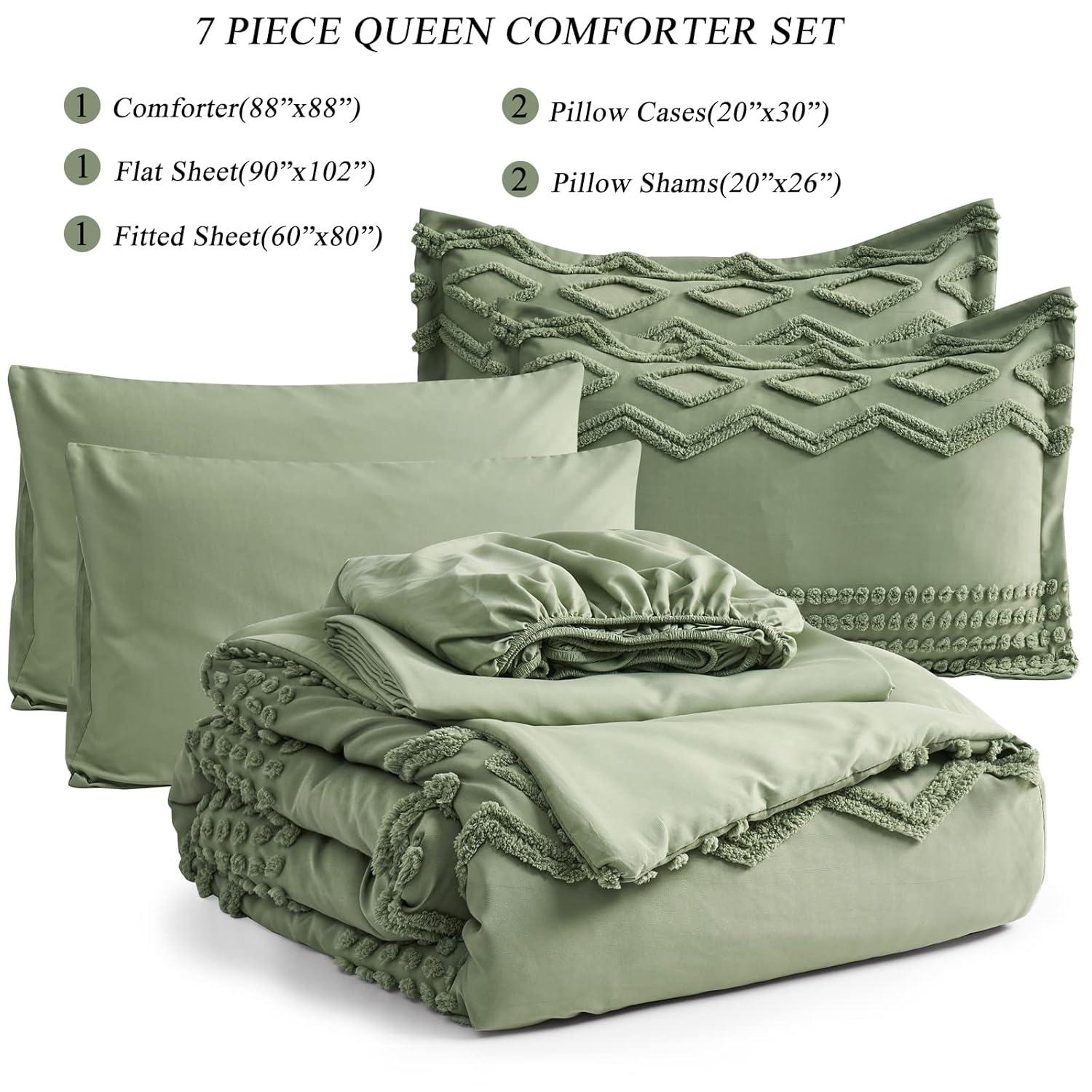 WURUIBO Tufted Shabby Chic 7 Piece Comforter Set - King Size, Soft Microfiber Boho Farmhouse Bedding - Green Jacquard Comforter, Sheets and Bedding Set for All Season