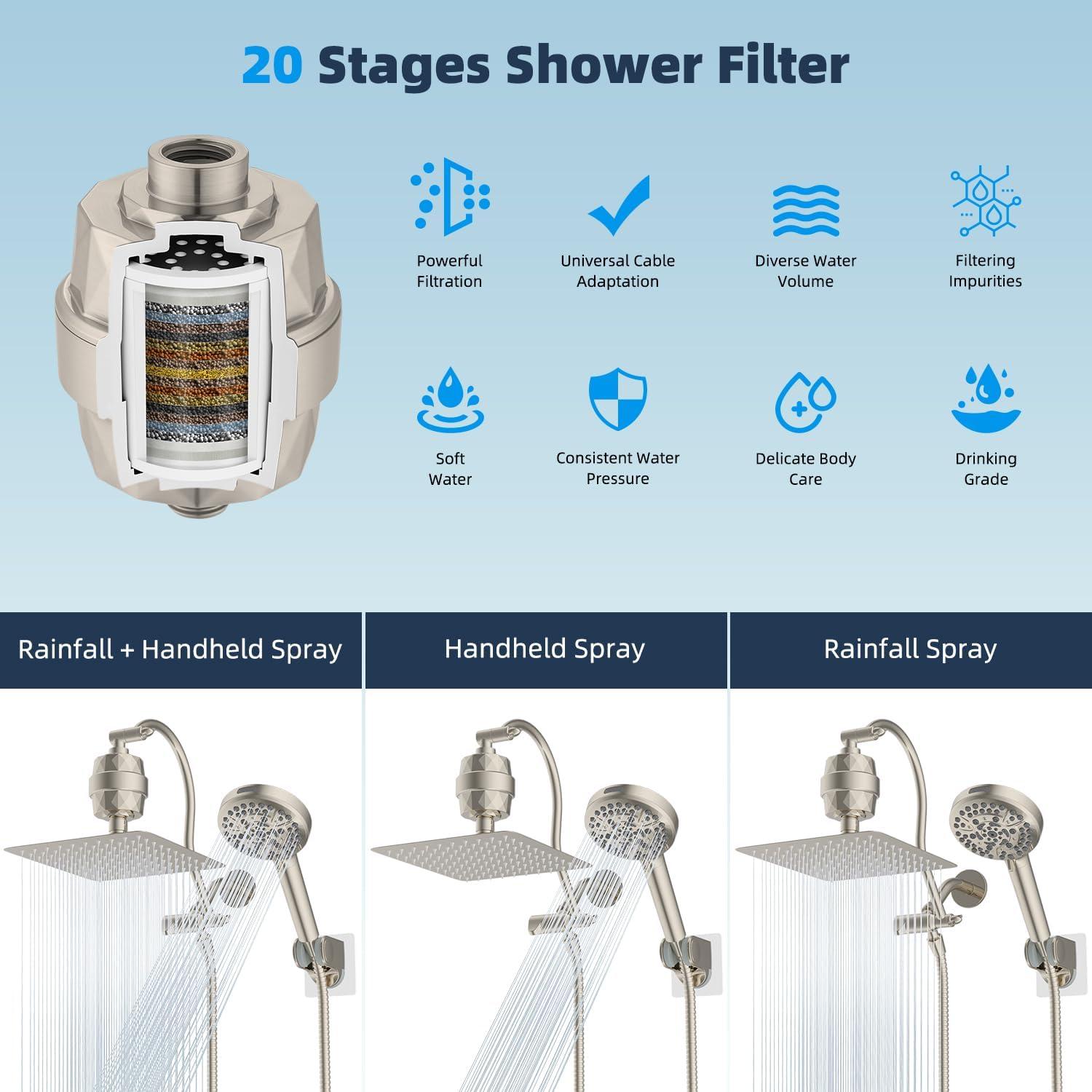 Brushed Nickel Dual Head Rainfall Shower Combo with Filter