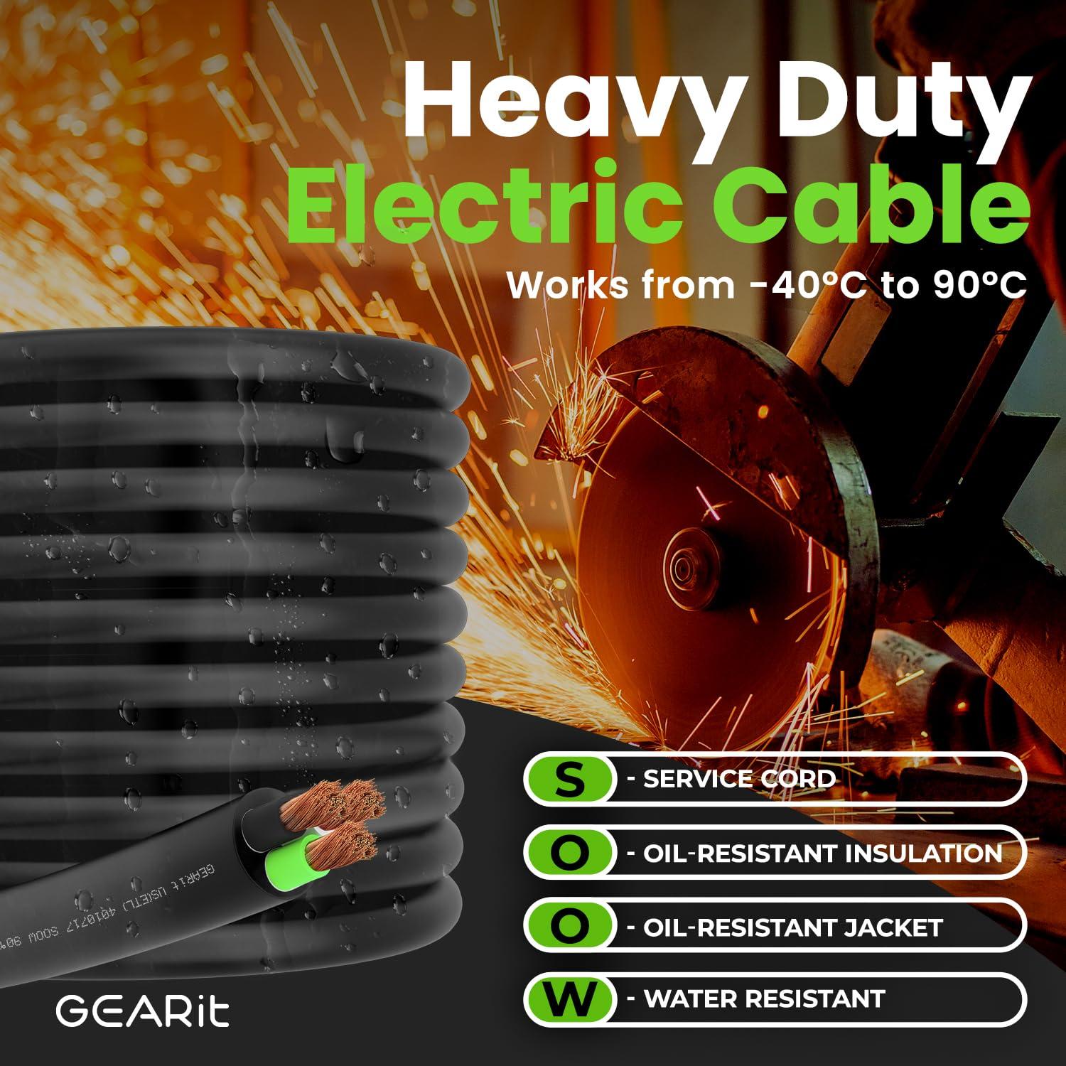 GearIT 14/3 14 AWG Portable Power Cable (50 Feet - 3 Conductor) SOOW 600V 14 Gauge Electric Wire for Motor Leads, Portable lights, Battery Chargers, Stage Lights and Machinery -50ft Electrical Cord