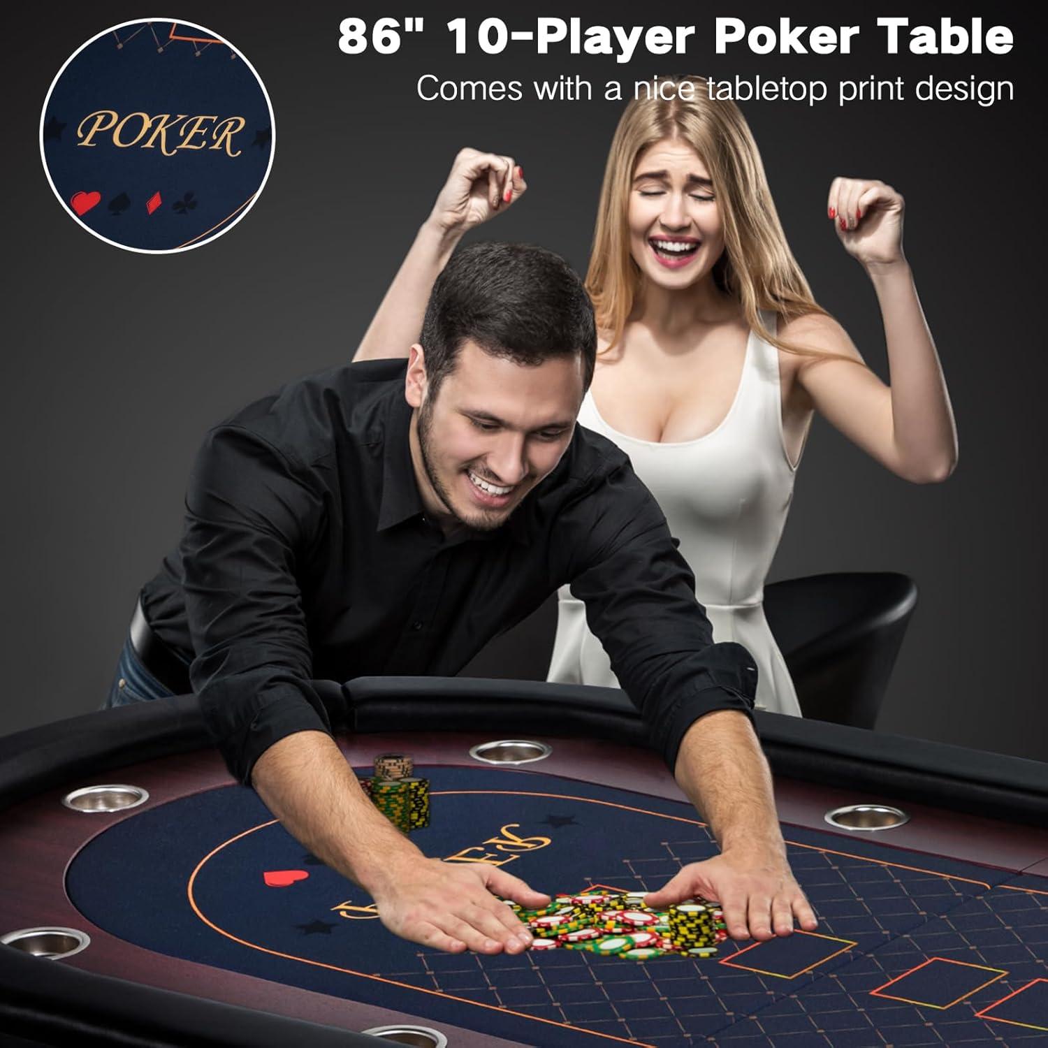 RayChee 86" Folding 10 Player Poker Table, Foldable Texas Holdem Table for Game Room with Padded Rails and Cup Holders, No Assembly Required