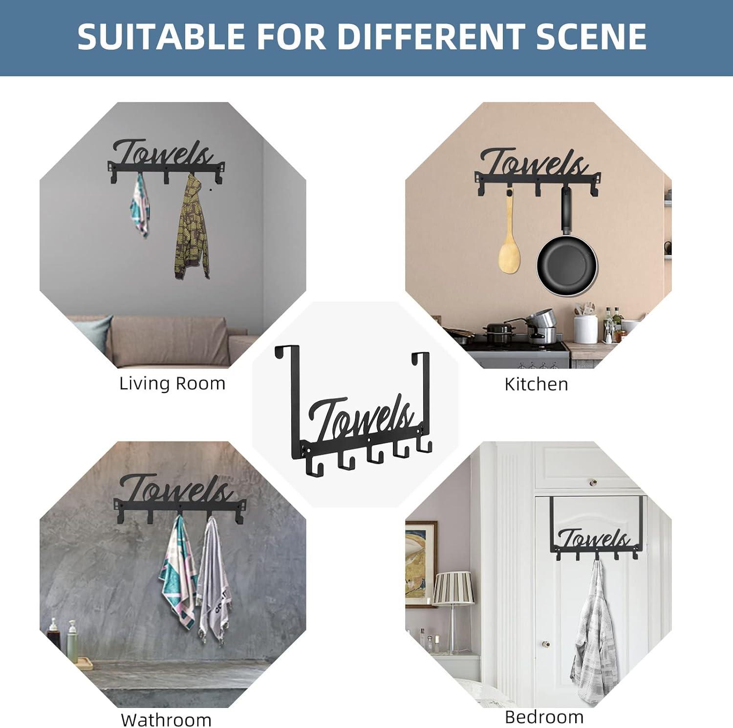 Over The Door Hooks - Heavy Duty Towel Rack with 6 Hooks for Bedroom, Bathroom, Kitchen - Holds Towels, Bags, Coats, Hats - Black