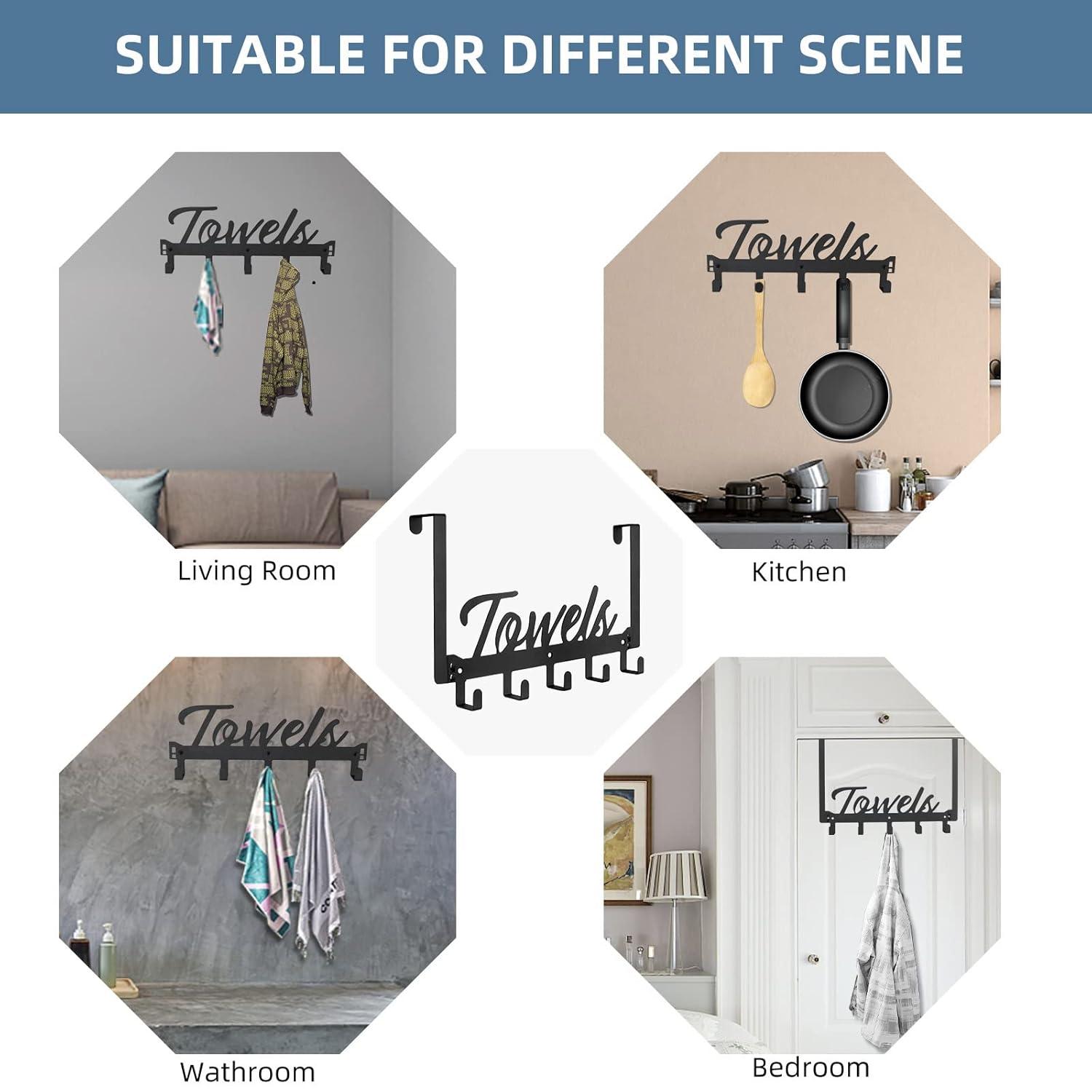 Over The Door Hooks - Heavy Duty Towel Rack with 6 Hooks for Bedroom, Bathroom, Kitchen - Holds Towels, Bags, Coats, Hats - Black