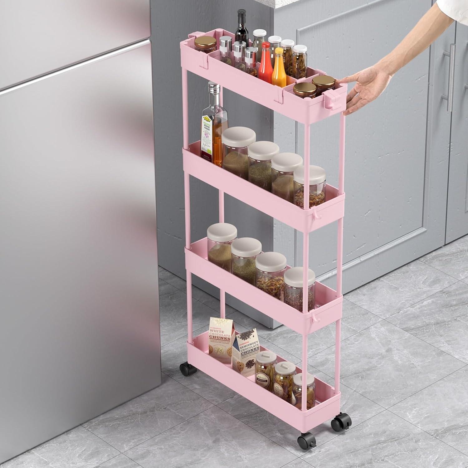 Slim Rolling Storage Cart 4 Tier Bathroom Organizer Utility Cart Mobile Shelving Unit Tower Rack for Kitchen, Laundry Room, Bathroom, Narrow Places, Pink