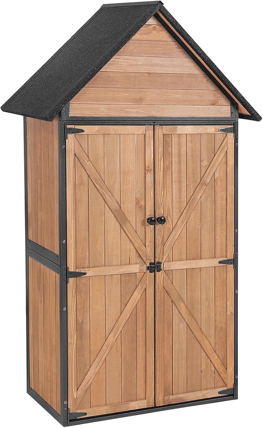 Brown Wooden Outdoor Storage Shed with Metal Frame and Shelving