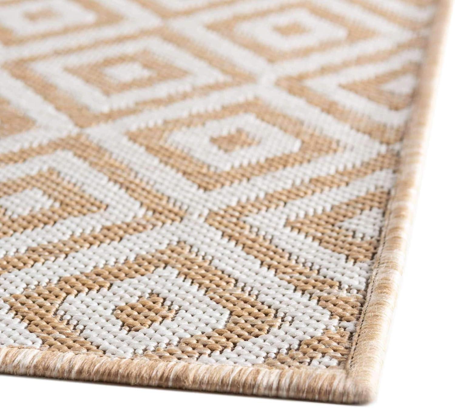 Beige Geometric 9' x 12' Easy-Care Outdoor Synthetic Rug