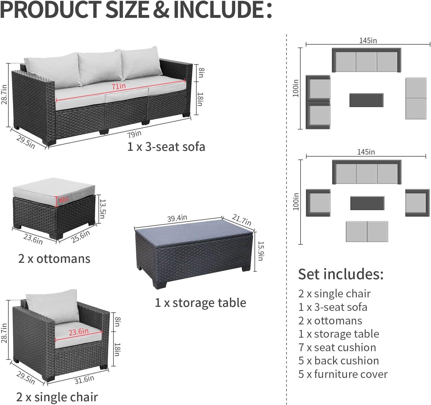 Rattaner Patio Wicker Furniture Set 6 Pieces Outdoor HDPE Wicker Conversation Couch Sectional Chair Sofa Set with Grey Cushions