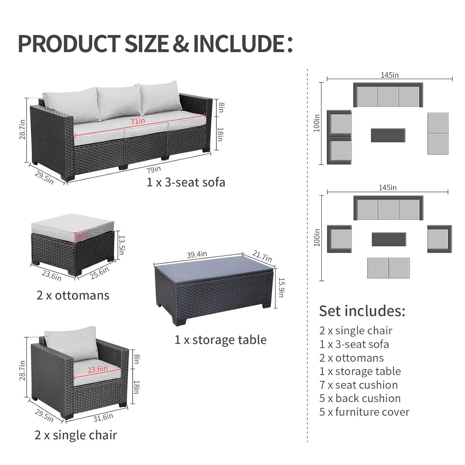 Rattaner Patio Wicker Furniture Set 6 Pieces Outdoor HDPE Wicker Conversation Couch Sectional Chair Sofa Set with Grey Cushions