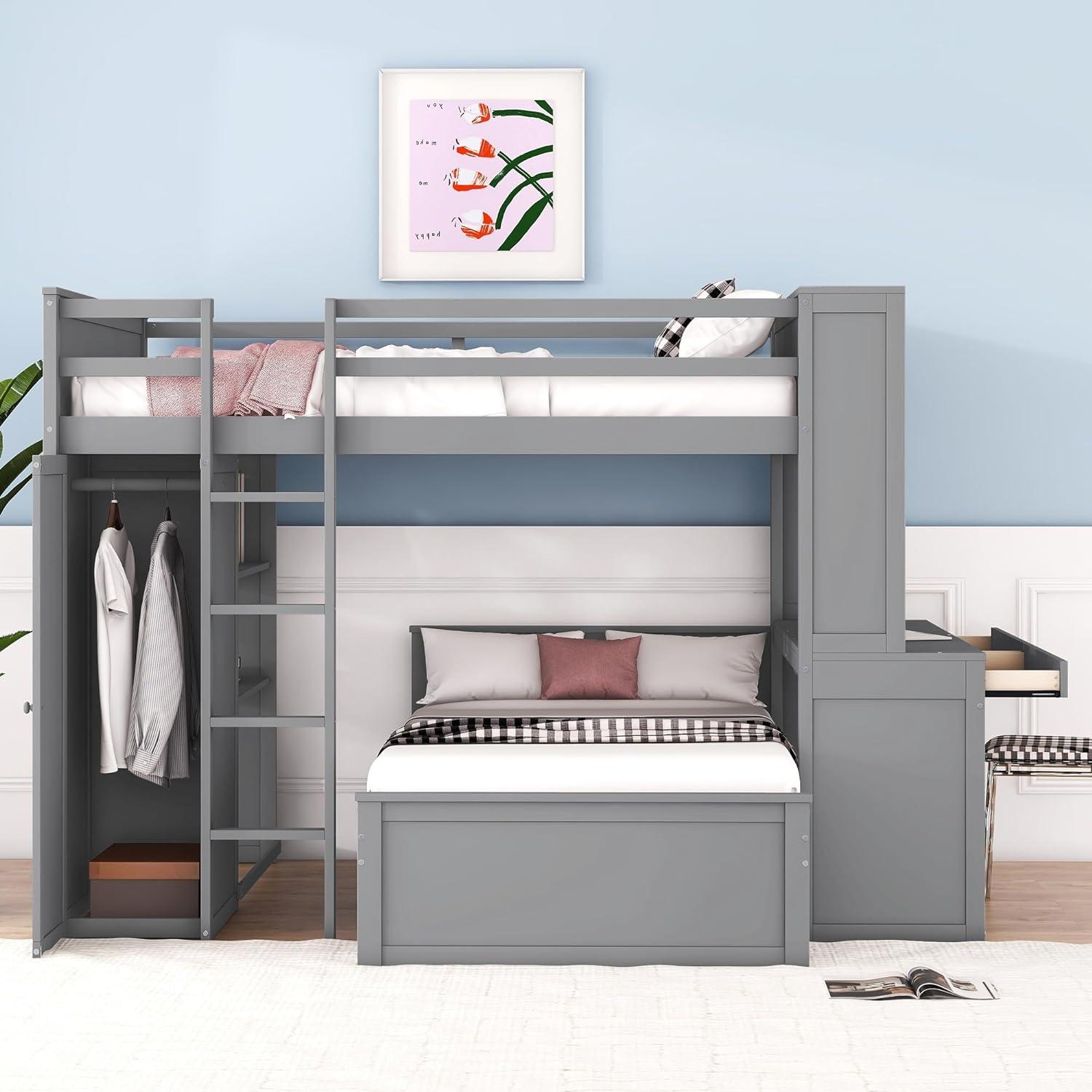 Full Over Twin Bunk Bed with Desk, Wardrobe and Storage Shelves, Loft Bed with A Stand-Alone Bed, Wooden Loft Bed Frame with Safety Guardrails & Slats Support, Bottom Bed Can Be Moved, Gray