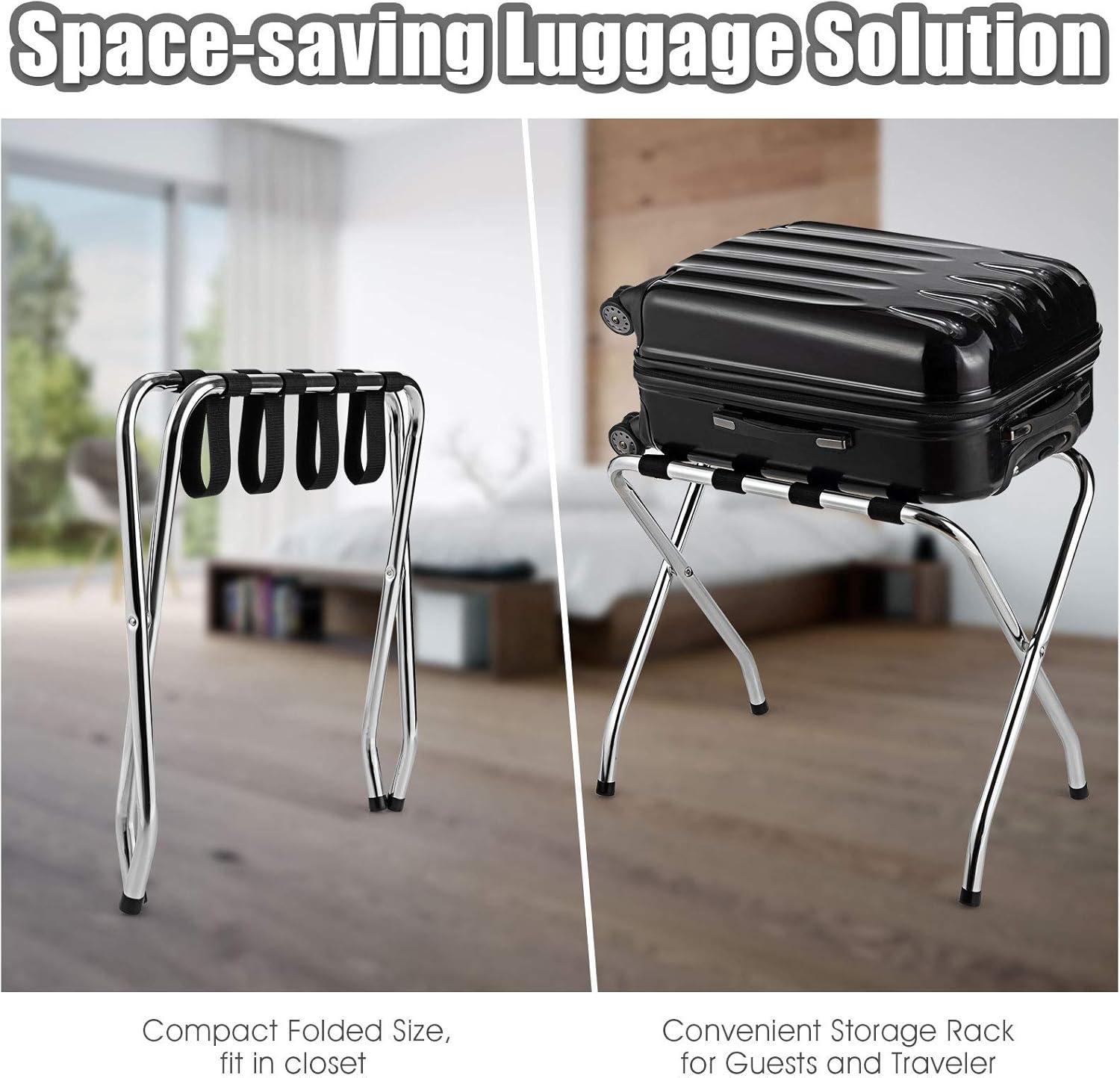 Chrome Luggage Rack for Guest Room, Folding Metal Bag Suitcase Holder with Nylon Straps, Luggage Stand Ideal for Home Bedroom Guest Room Hotel, No Assembly Required (4)