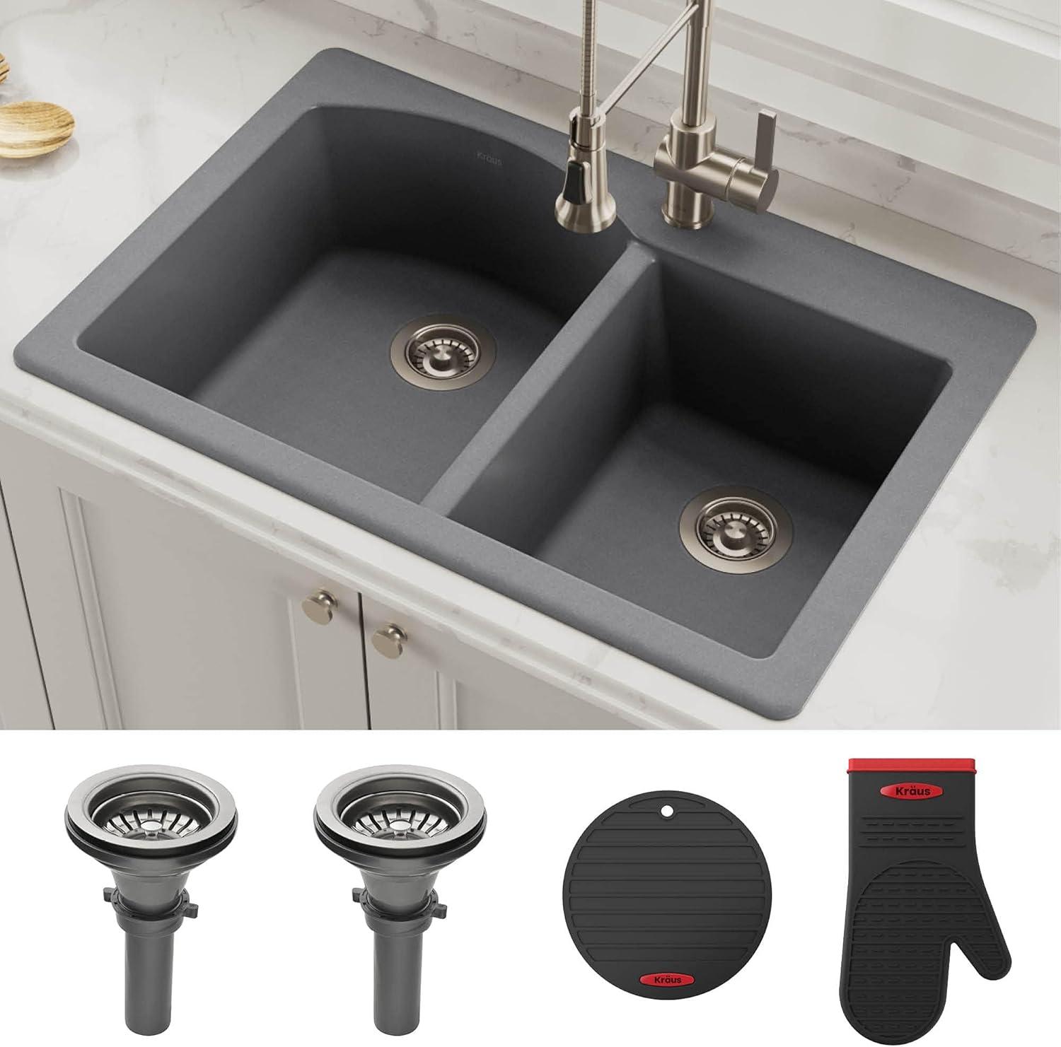 KRAUS Forteza™ 33" L Dual Mount 60/40 Double Bowl Granite Kitchen Sink