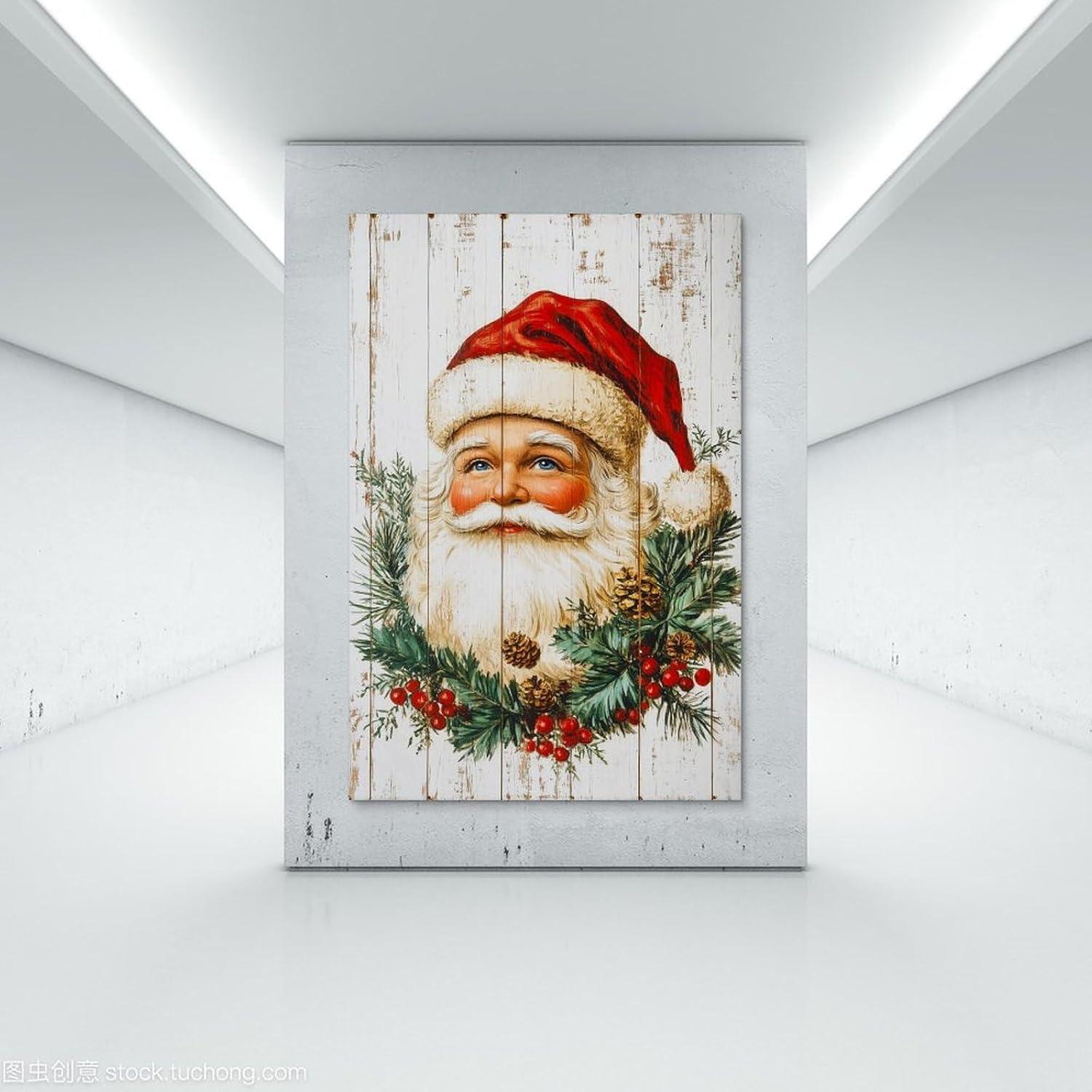 Reccmeny Vintage Christmas Canvas Wall Art, Santa Claus Pictures for Wall Decor, Xmas Poster Santa white Wooden Texture Picture, Holiday Wall Decorations Gifts