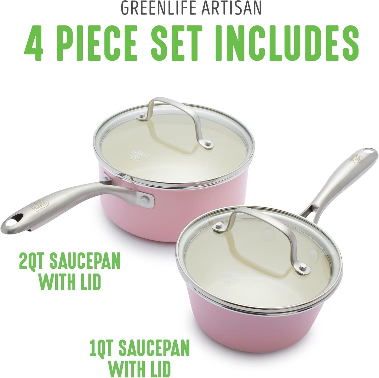 GreenLife Artisan Healthy Ceramic Nonstick, 1L And 2L Saucepan Set, Stainless Steel Handle