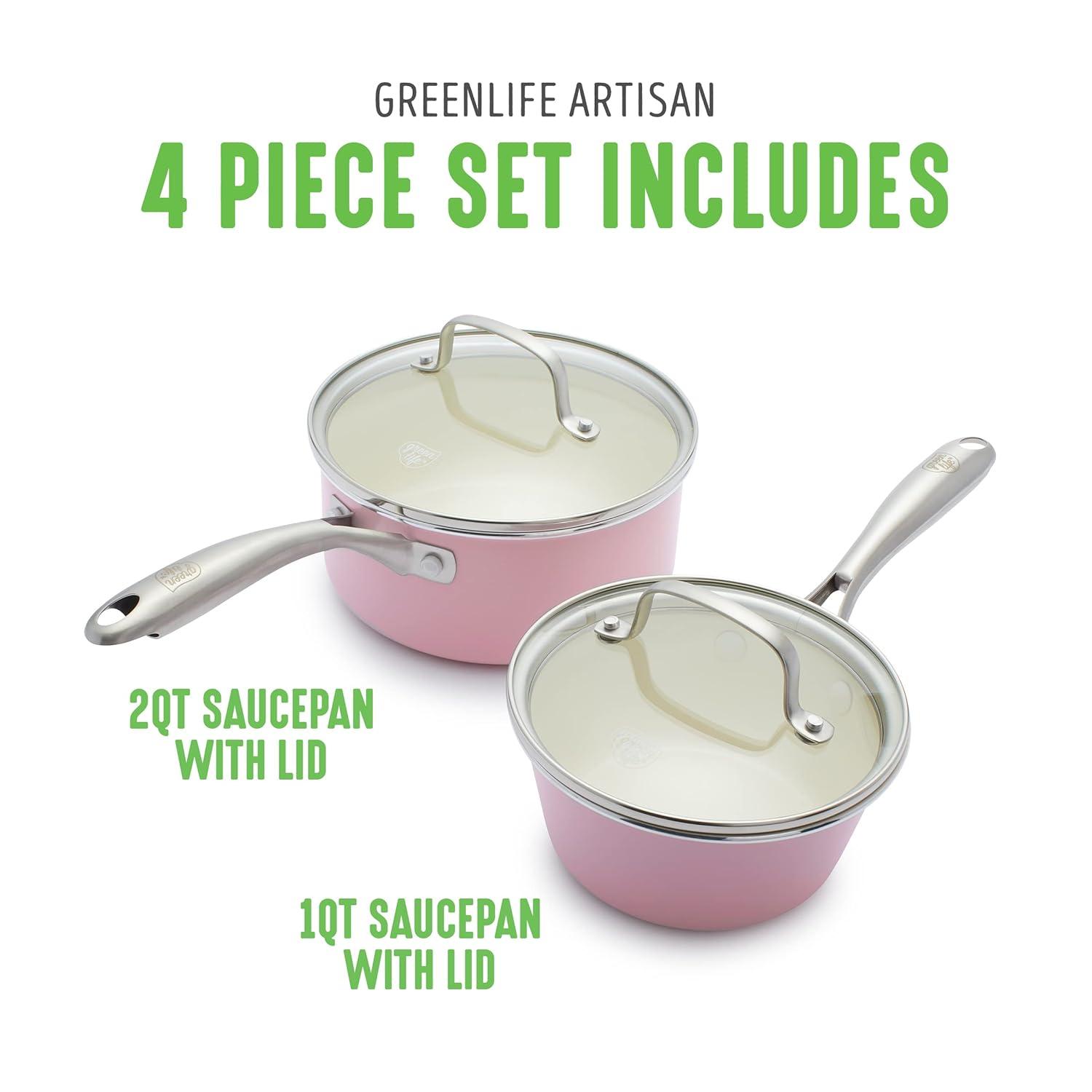 GreenLife Artisan Healthy Ceramic Nonstick, 1L And 2L Saucepan Set, Stainless Steel Handle
