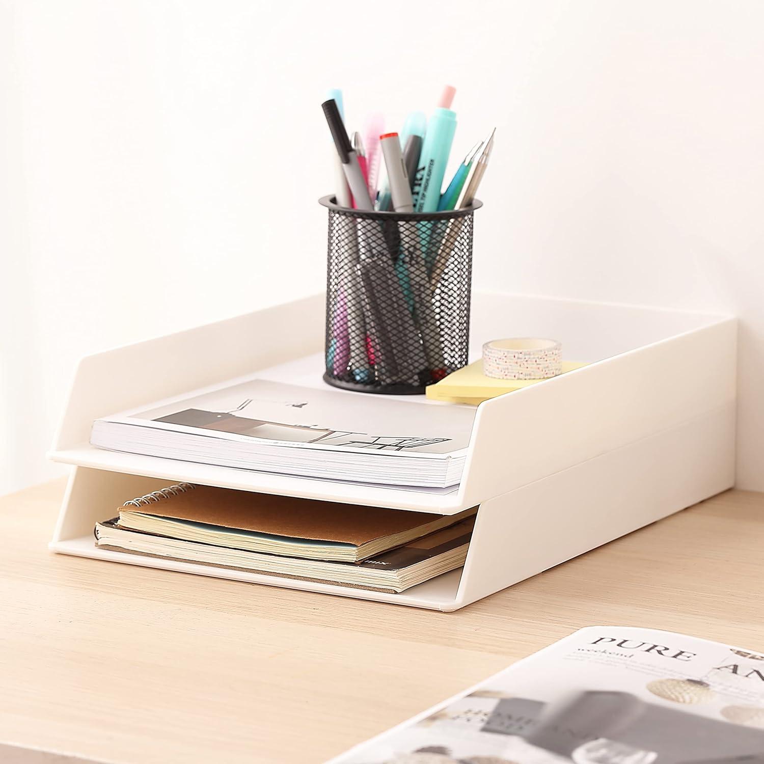 Mr. Pen- Letter Tray Desk Organizer, Plastic, 2 Pack, White File Organizer for Desk