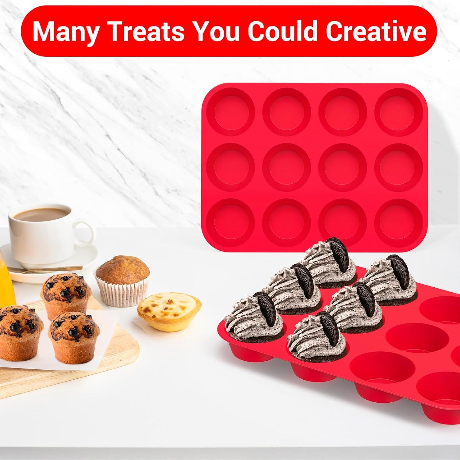 RUseeN Silicone Muffin Pan 2 Pack - 12 Cups Regular Silicone Cupcake Pan, Non-stick Silicone Great for Making Muffin Cakes, Tart, Bread - BPA Free and Dishwasher Safe