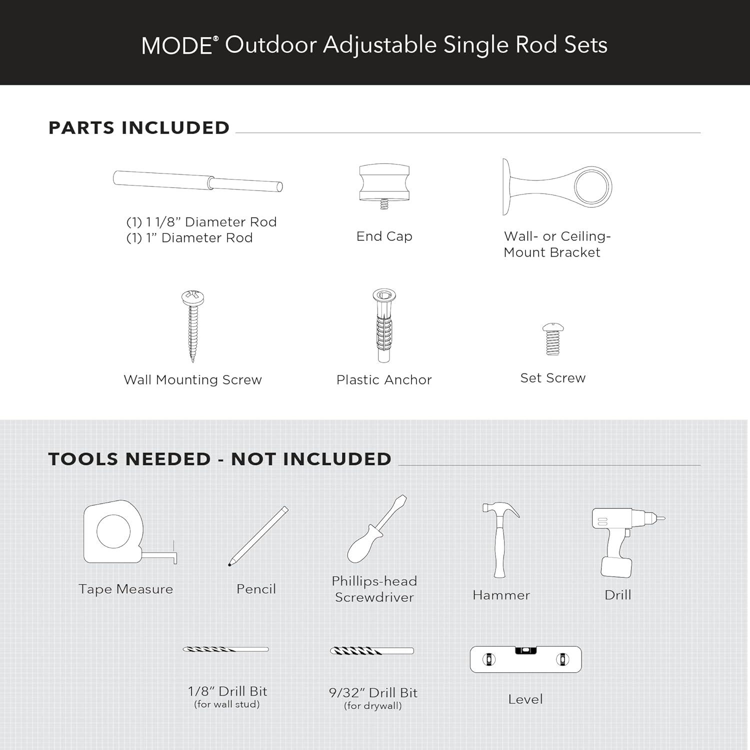 Mode Outdoor Collection 1 1/8 in Diameter Curtain Rod Set with End Cap Finials and Steel Wall Mounted Adjustable Rod