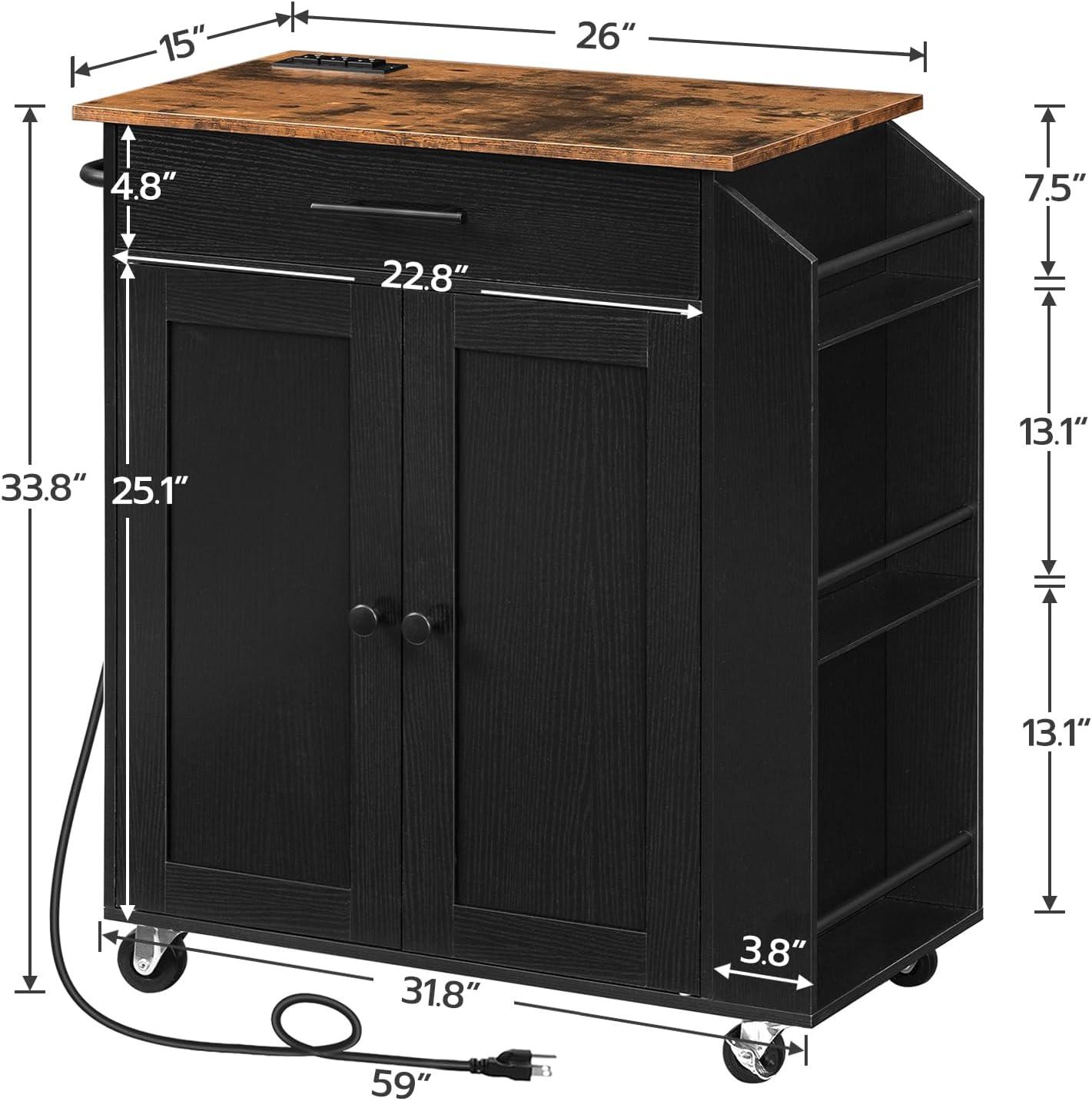 Rustic Brown and Black Rolling Kitchen Island with Power Outlet