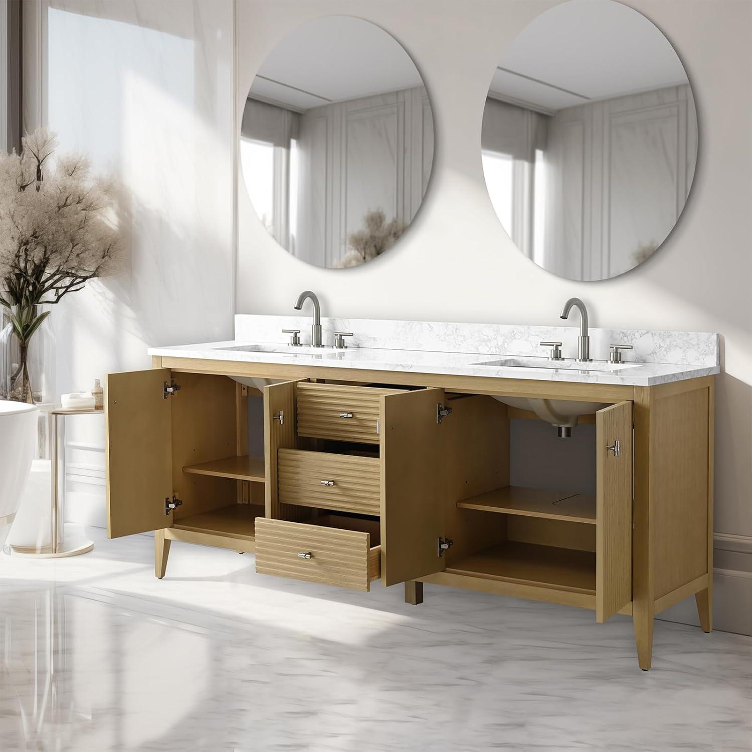 Natural Oak 72'' Double Bathroom Vanity with Marble Top