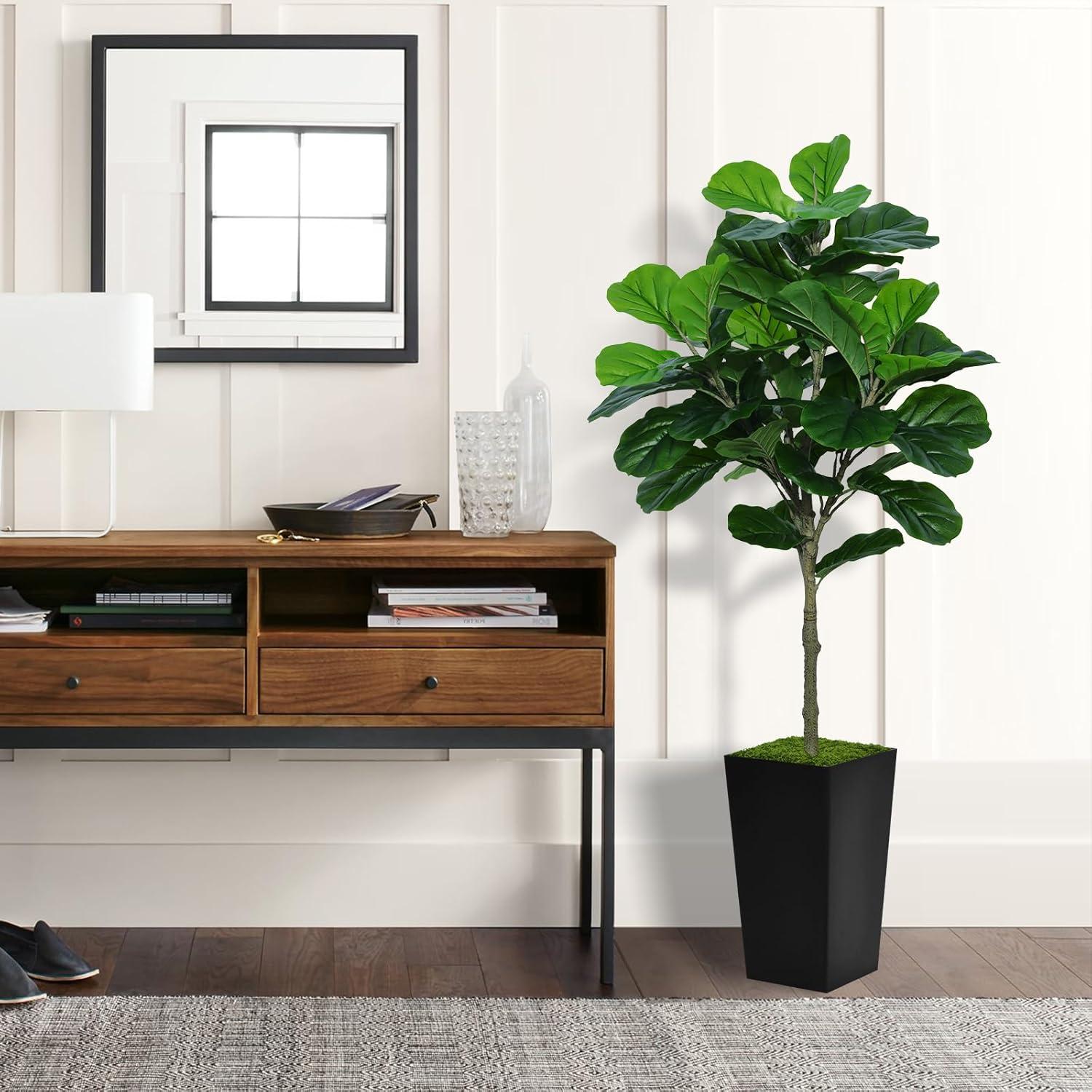 Fiddle Leaf Fig Tree Artificial 5FT - Faux Fiddle Leaf Fig Plant with Black Tall Planter - Fake Ficus Lyrata Floor Plant in Pot - Artificial Fig Tree for Home Office Living Room Decor Indoor