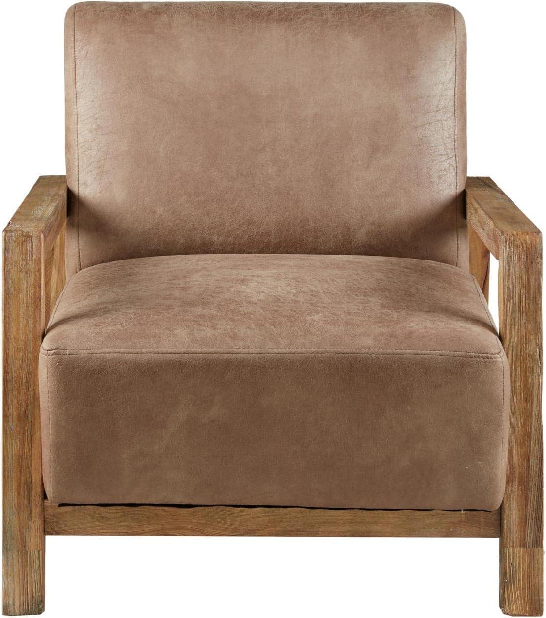 Easton Accent Chair Taupe/Natural: Solid Wood Arms, Reclaimed Finish, Polyurethane Leather