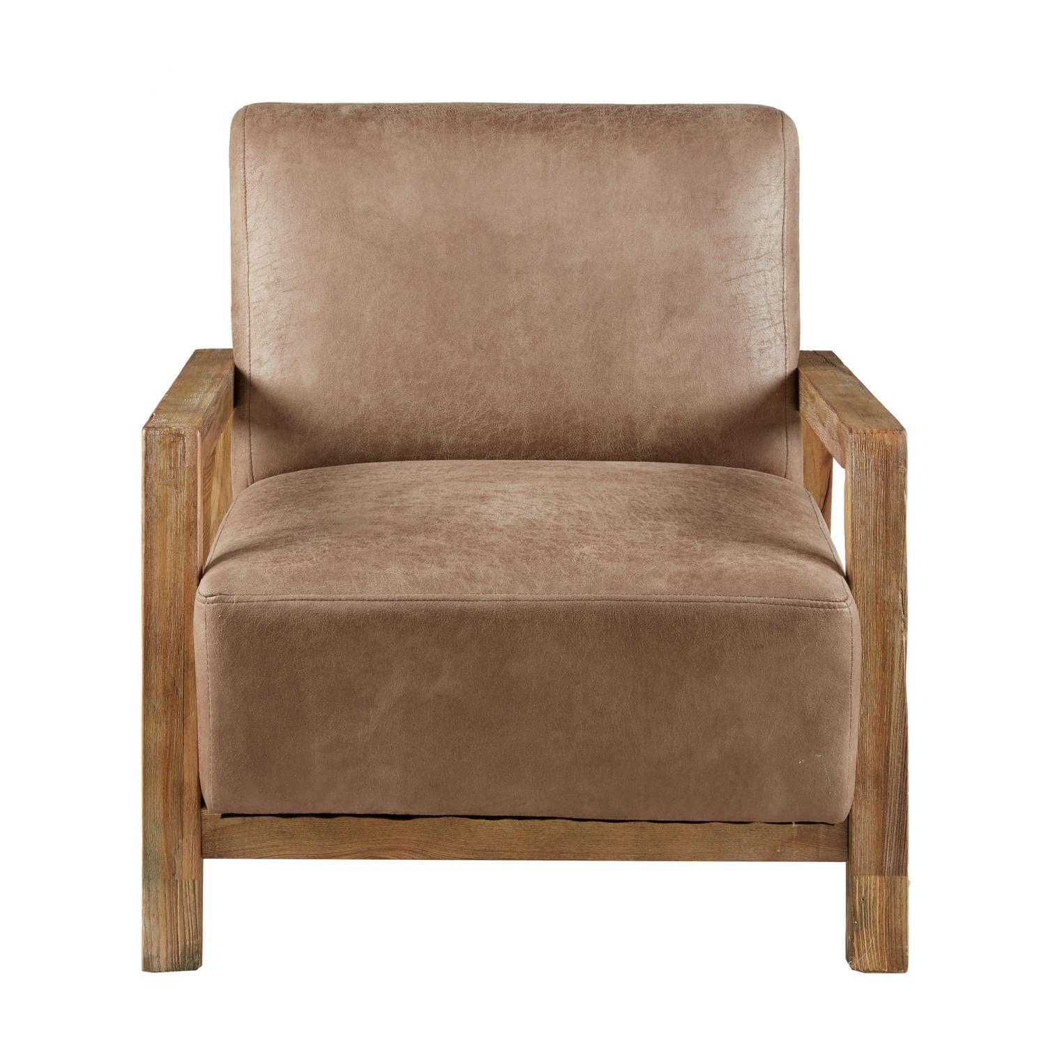 Easton Accent Chair Taupe/Natural: Solid Wood Arms, Reclaimed Finish, Polyurethane Leather