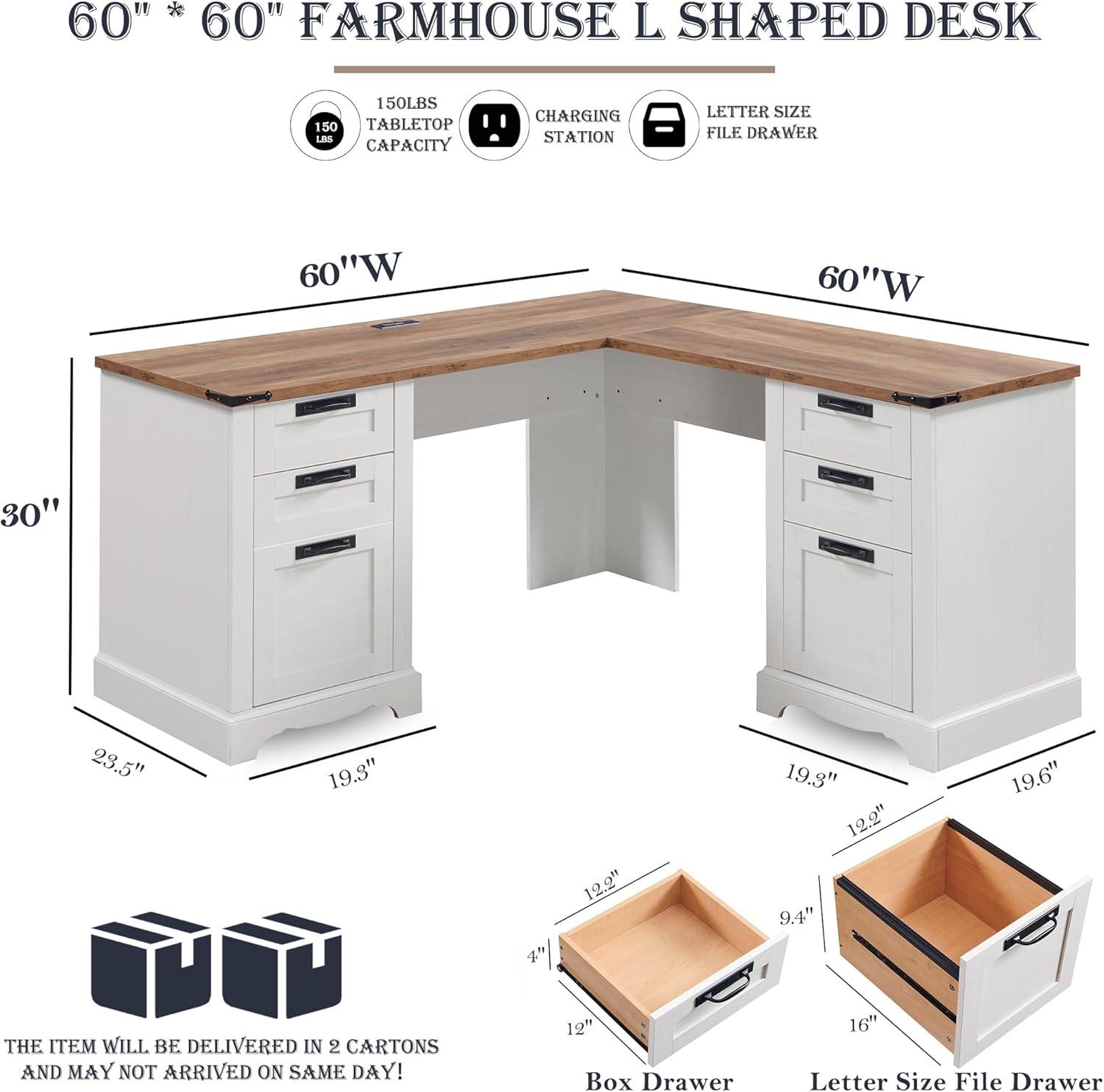 Danolapsi 60" Farmhouse L Shaped Executive Desk with Drawers,Home Office Desk with File Drawers and Storage Cabinet,Corner Computer Desk with Adjustable Side Storage Cabinet,Computer Writing Desk