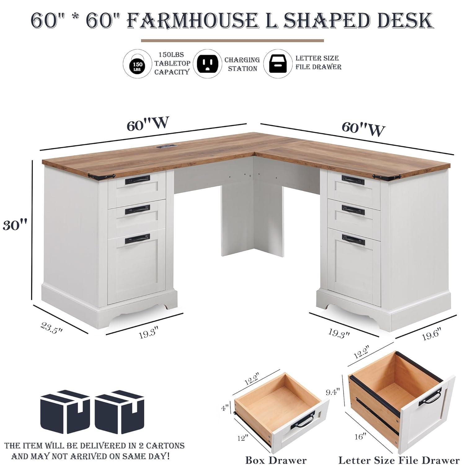 Danolapsi 60" Farmhouse L Shaped Executive Desk with Drawers,Home Office Desk with File Drawers and Storage Cabinet,Corner Computer Desk with Adjustable Side Storage Cabinet,Computer Writing Desk