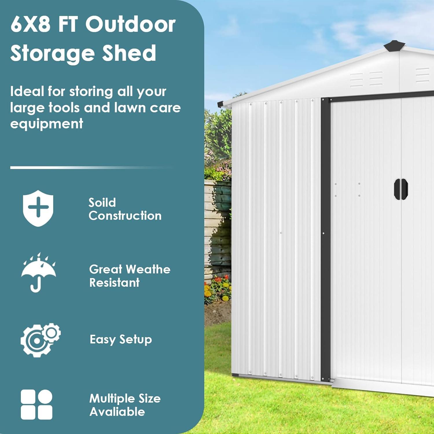 White 6' x 8' Outdoor Metal Storage Shed with Sliding Door