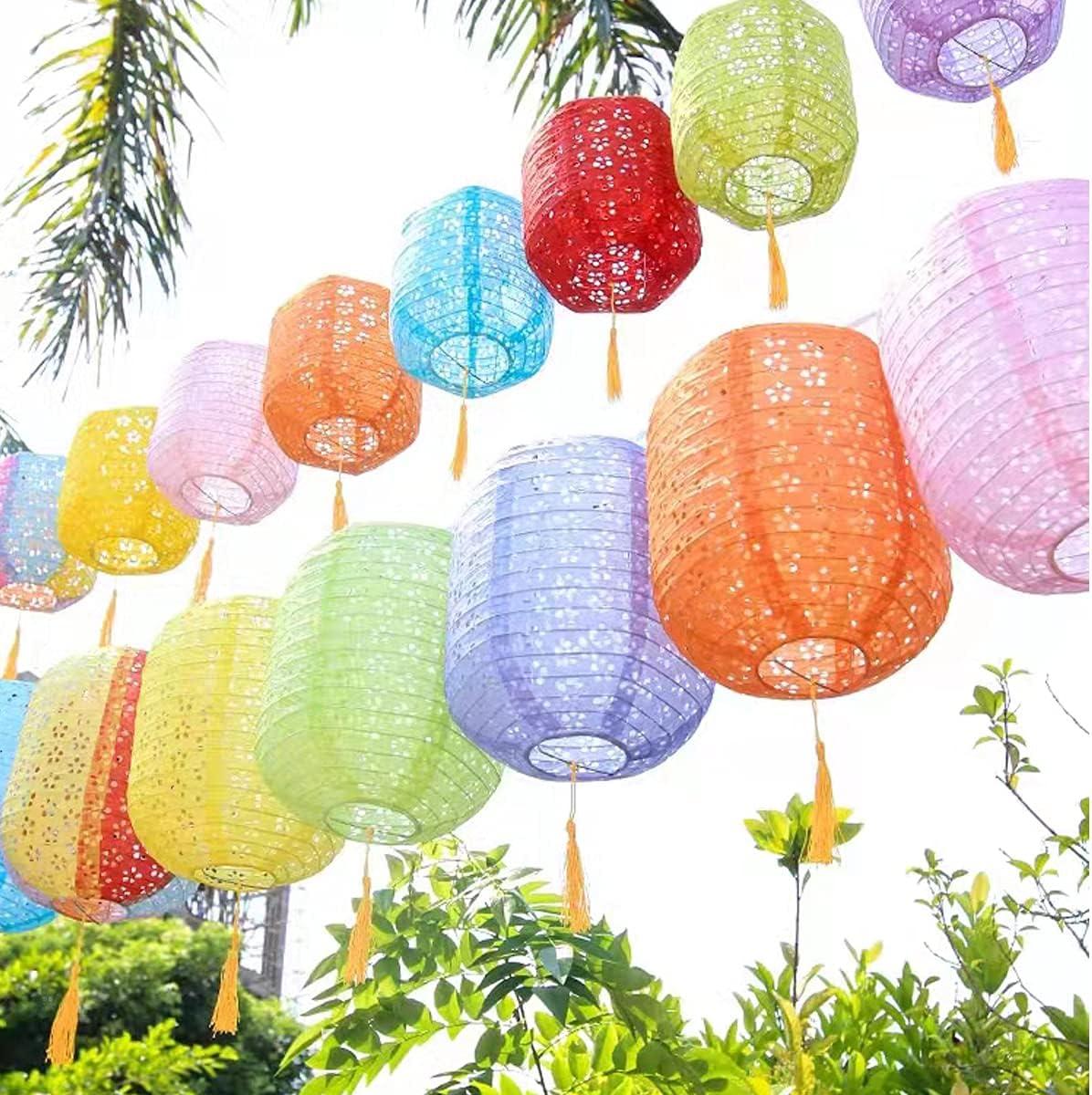 12Pcs Chinese Paper Lanterns with LED Lights, Hollow Out Hanging Asia Japanese Paper Lamps with Tassels Walking Sticks 8 In Lanterns for Chinese New Year Lanterns Decorations(oval-shaped)