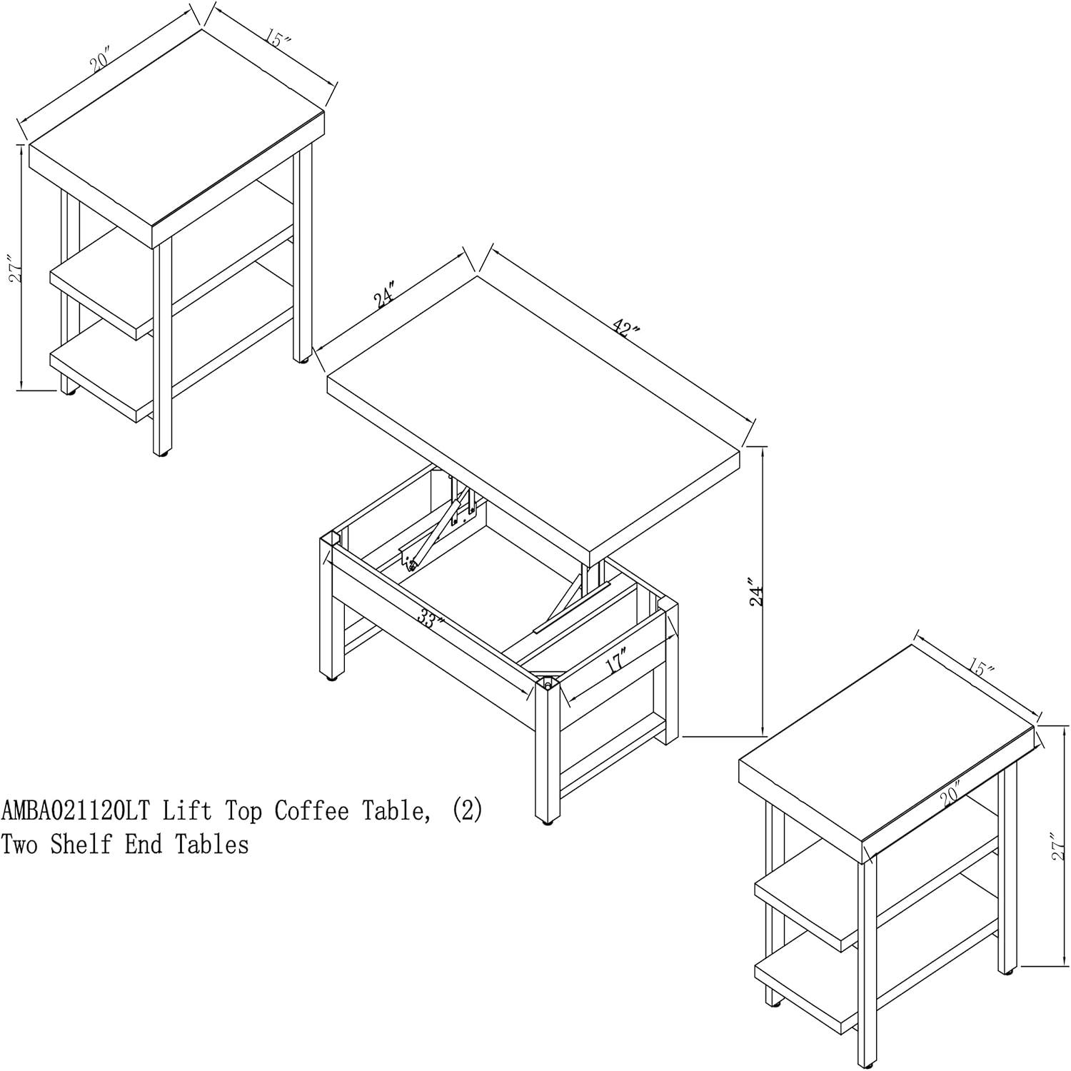Alaterre Pomona 3-Piece Living Room Set with 42"W Lift Top Coffee Table and Two End Tables with Shelves
