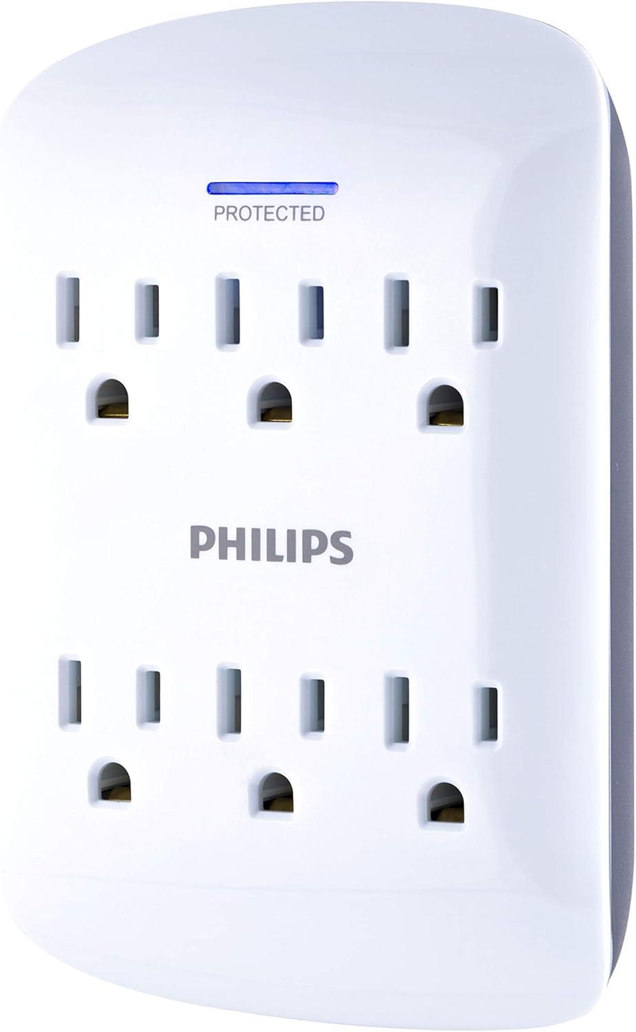 Philips 6-Outlet Wall Tap with Surge Protection, 900J, White, SPP3461WA/37