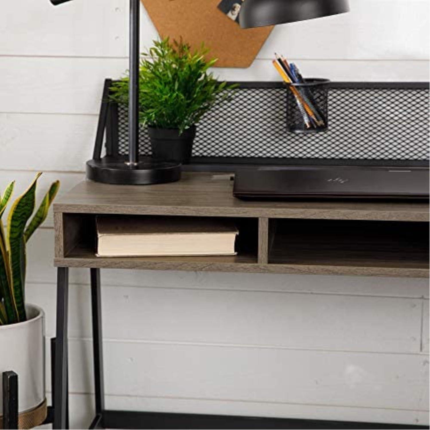 xrboomlife Industrial Mesh Wood Laptop Computer Writing Desk Home Office Workstation Small  42 Inch  Slate Grey