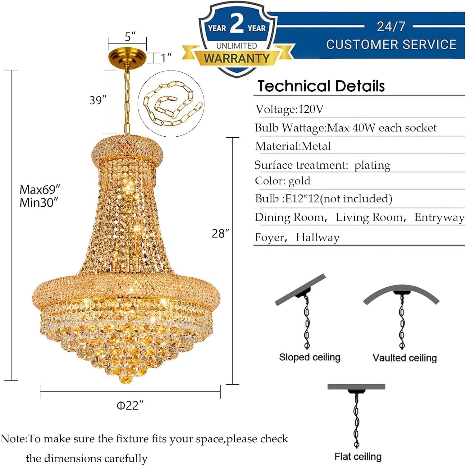 12 Lights Gold Finish Empire Crystal Chandelier Lighting for Dining Room Living Room Foyer Hallway Bedroom Entryway (Dia 22'')