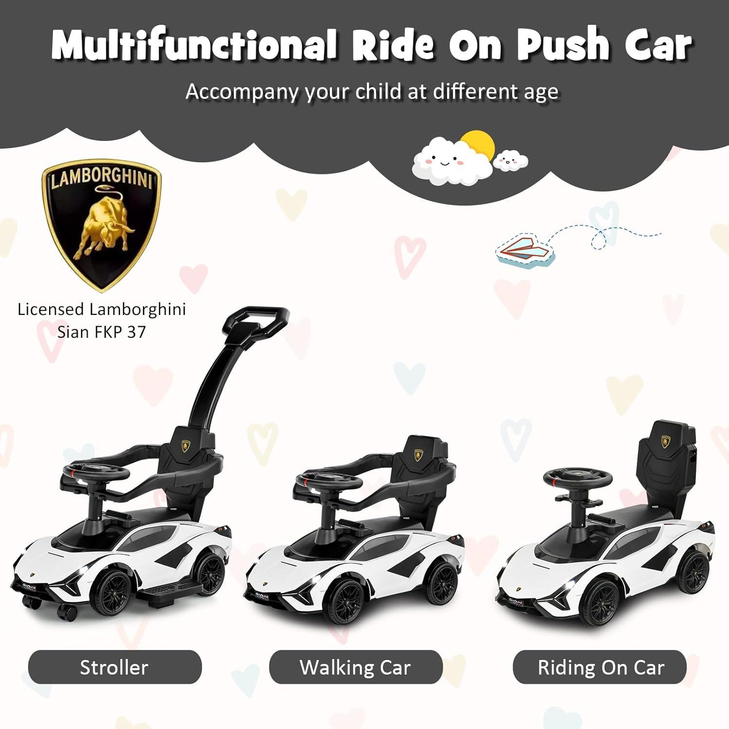 OLAKIDS 3 In 1 Ride on Push Car, Licensed Lamborghini Stroller Sliding Walking Car with Push Handle, Music, USB, Headlight, Under Seat Storage, Kids Foot-to-Floor Toy for 18-60 Months