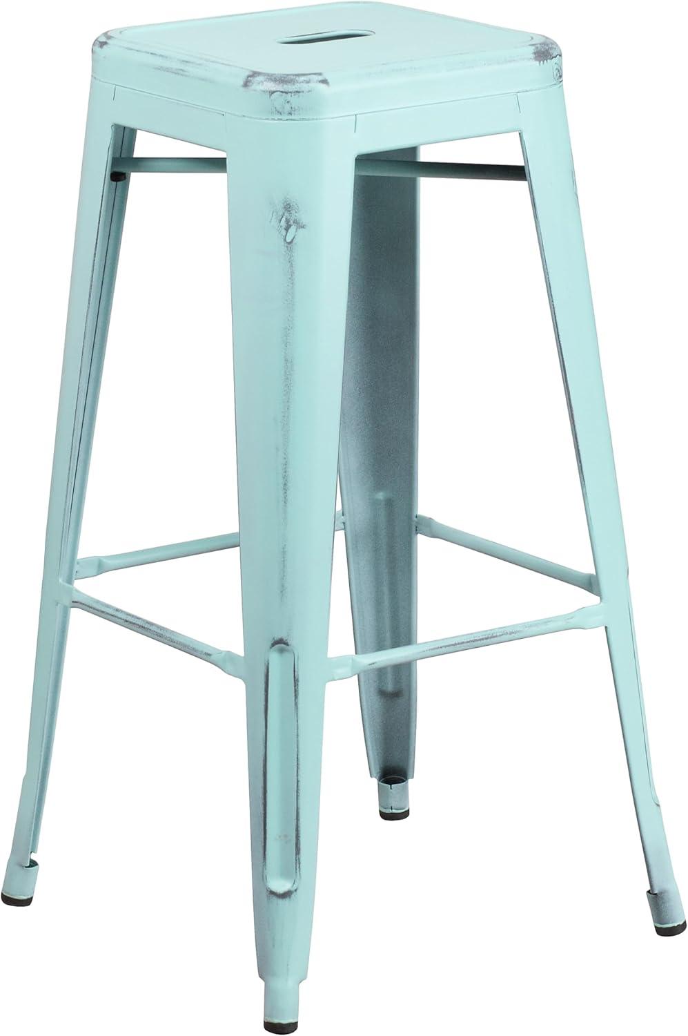 Flash Furniture Commercial Grade 30" High Backless Distressed Green-Blue Metal Indoor-Outdoor Barstool