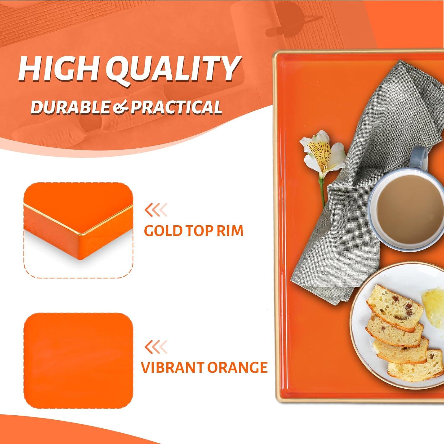 MAONAME Decorative Tray, Orange Serving Tray with Handles, Coffee Table Tray, Square Plastic Tray for Ottoman, Bathroom, Kitchen, 13"x13"x1.57"