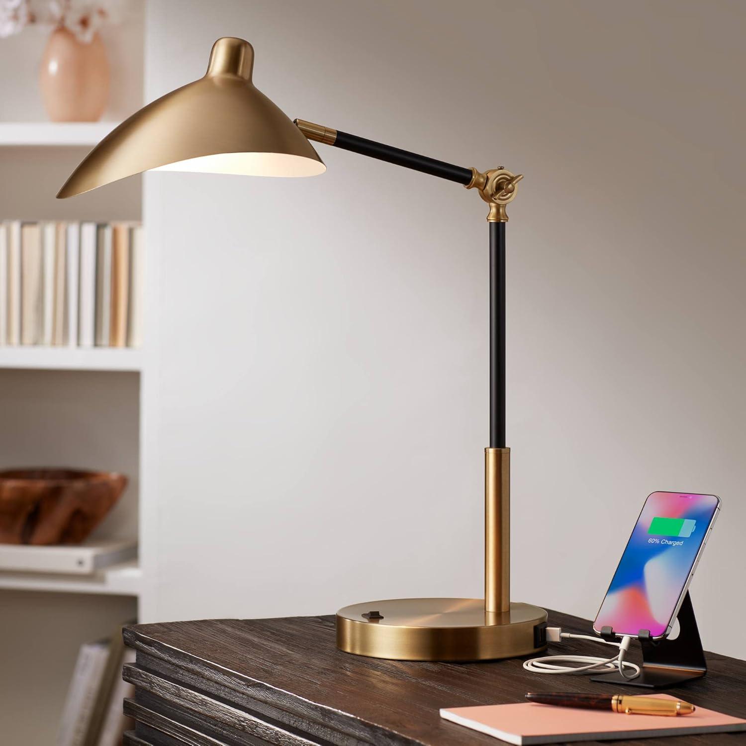 360 Lighting Colborne Modern Mid Century Desk Table Lamp 28" Tall Antique Brass Black with USB Charging Port LED for Bedroom Living Room Bedside Kids