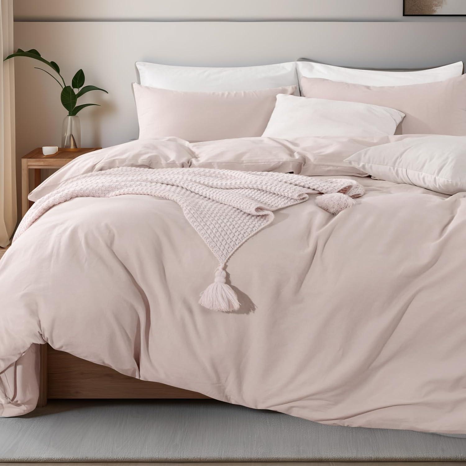 NEXHOME PRO Duvet Cover Set 100% Washed Cotton Oversized Queen 98"x98", Organic Natural Linen Look Textured 3 Pieces Bedding Set Apricot Yellow with Zipper Closure, Breathable, Soft (No Comforter)