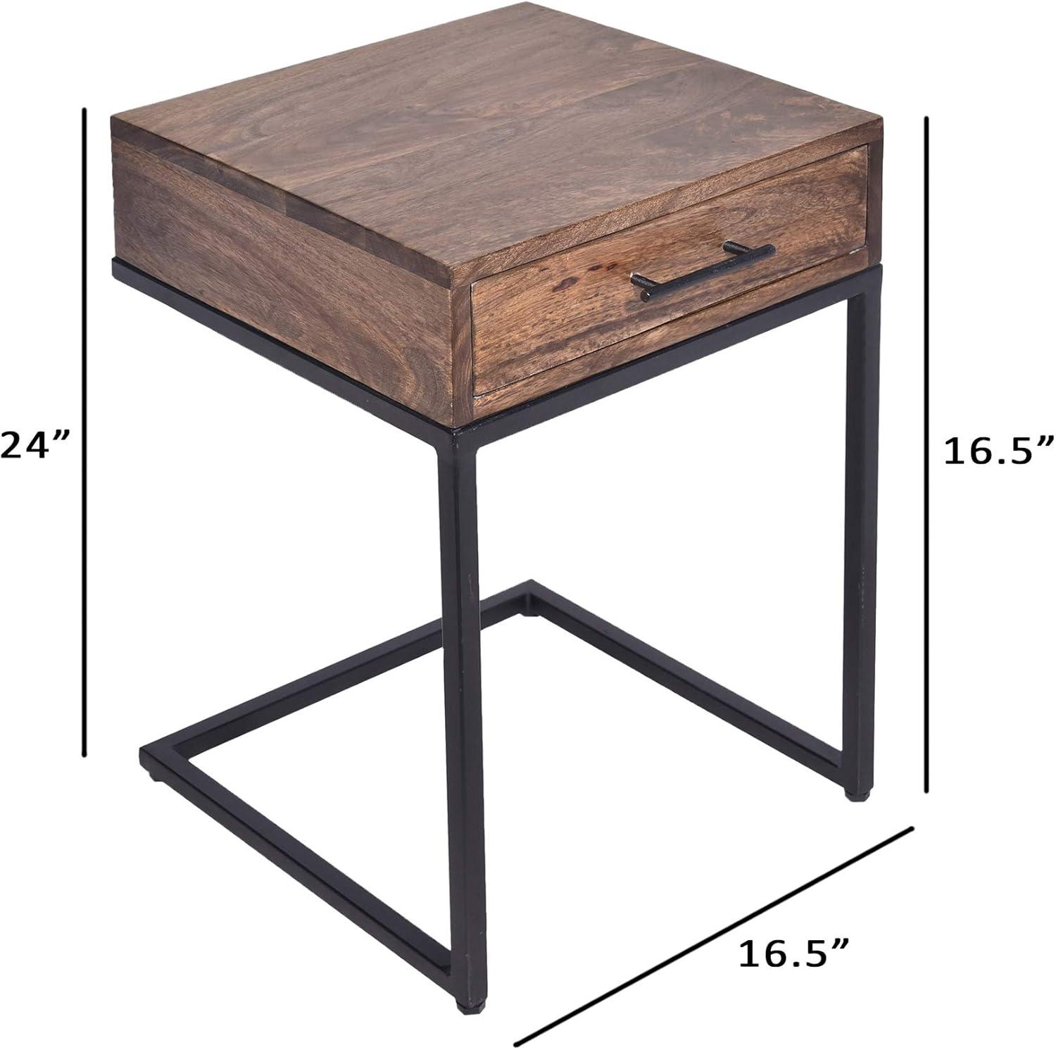 Brown Mango Wood Side Table with Black Iron Base and Drawer