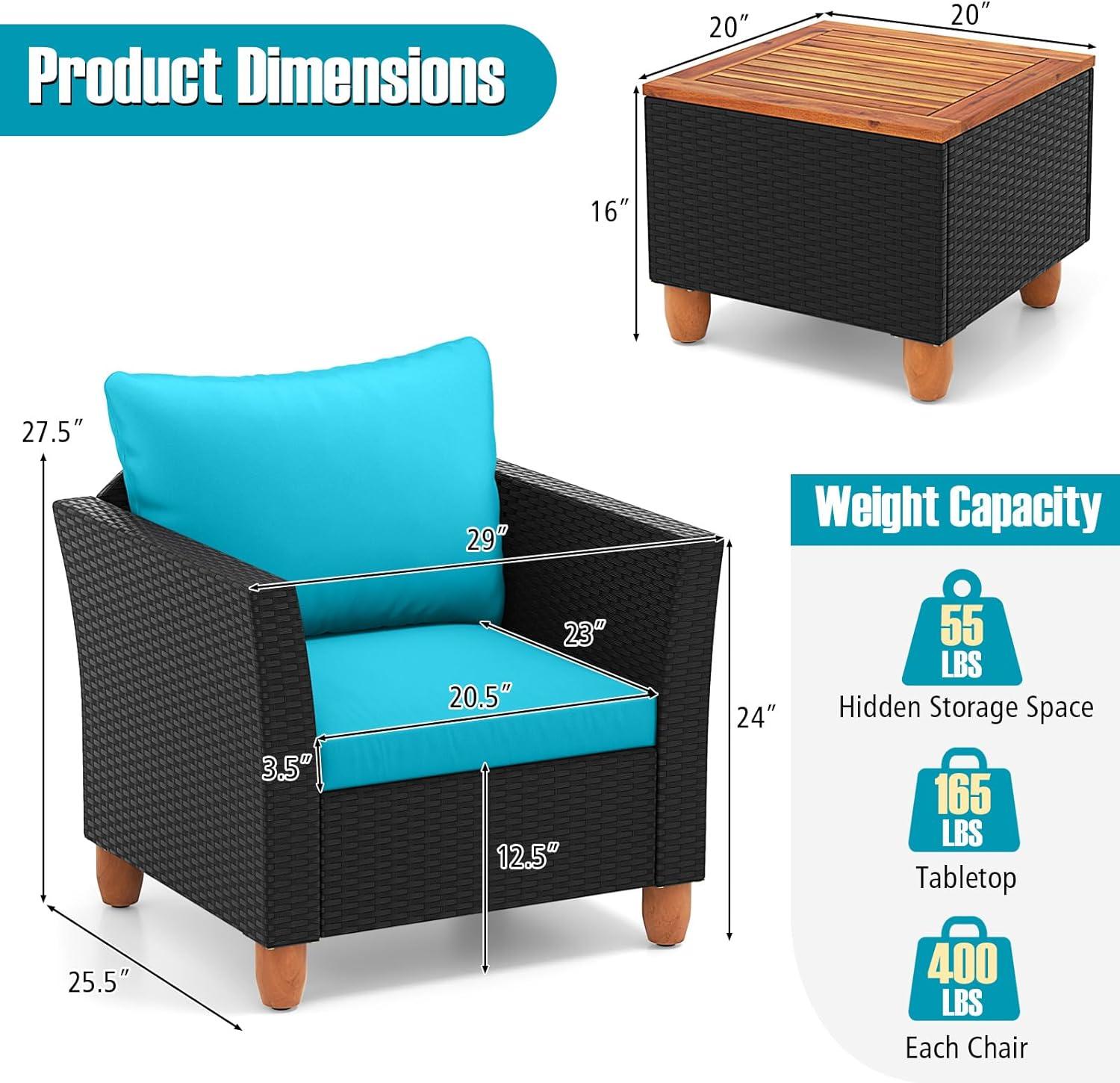 Tangkula 3PCS Patio Rattan Conversation Set Outdoor Furniture Set w/ Turquoise Cushions