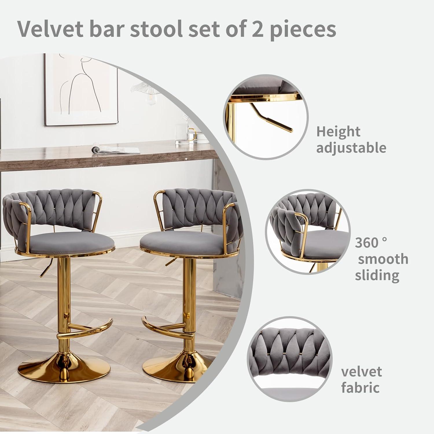 Velvet Bar Stools Set of 2, Counter Height Bar Stools with Low Back, Gold Swivel Barstools for Kitchen Island, Bar Pub (Grey)