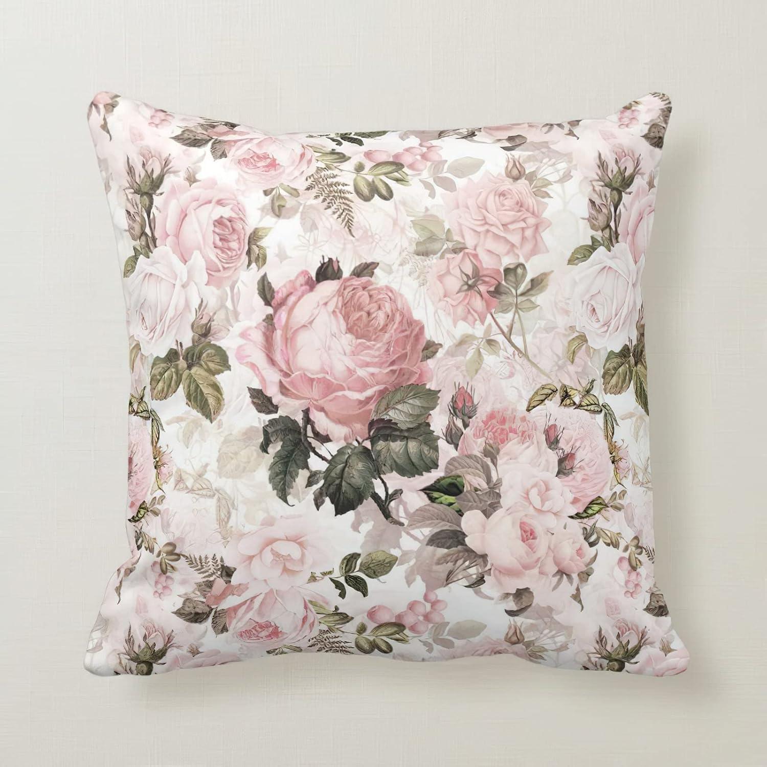 Shabby Chic Pink Rose Velvet Throw Pillow Cover 18" x 18"