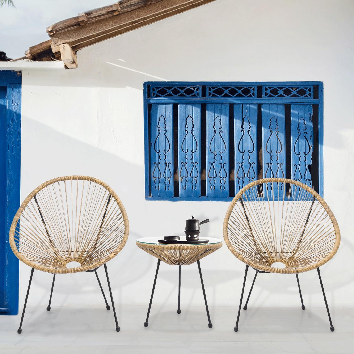 MoNiBloom 3 Pieces Outdoor Patio Furniture Rattan Wicker Table and Chairs Set, Conversation Bistro Set with Tempered Glass Tabletop for Porch Balcony Backyard Pool, Natural