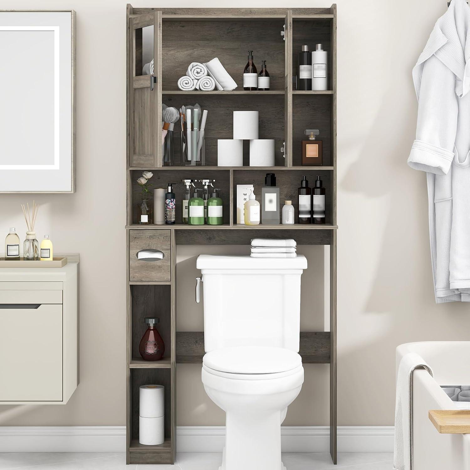 Bathroom Shelf Over Toilet with Glass Doors and Adjustable Shelves