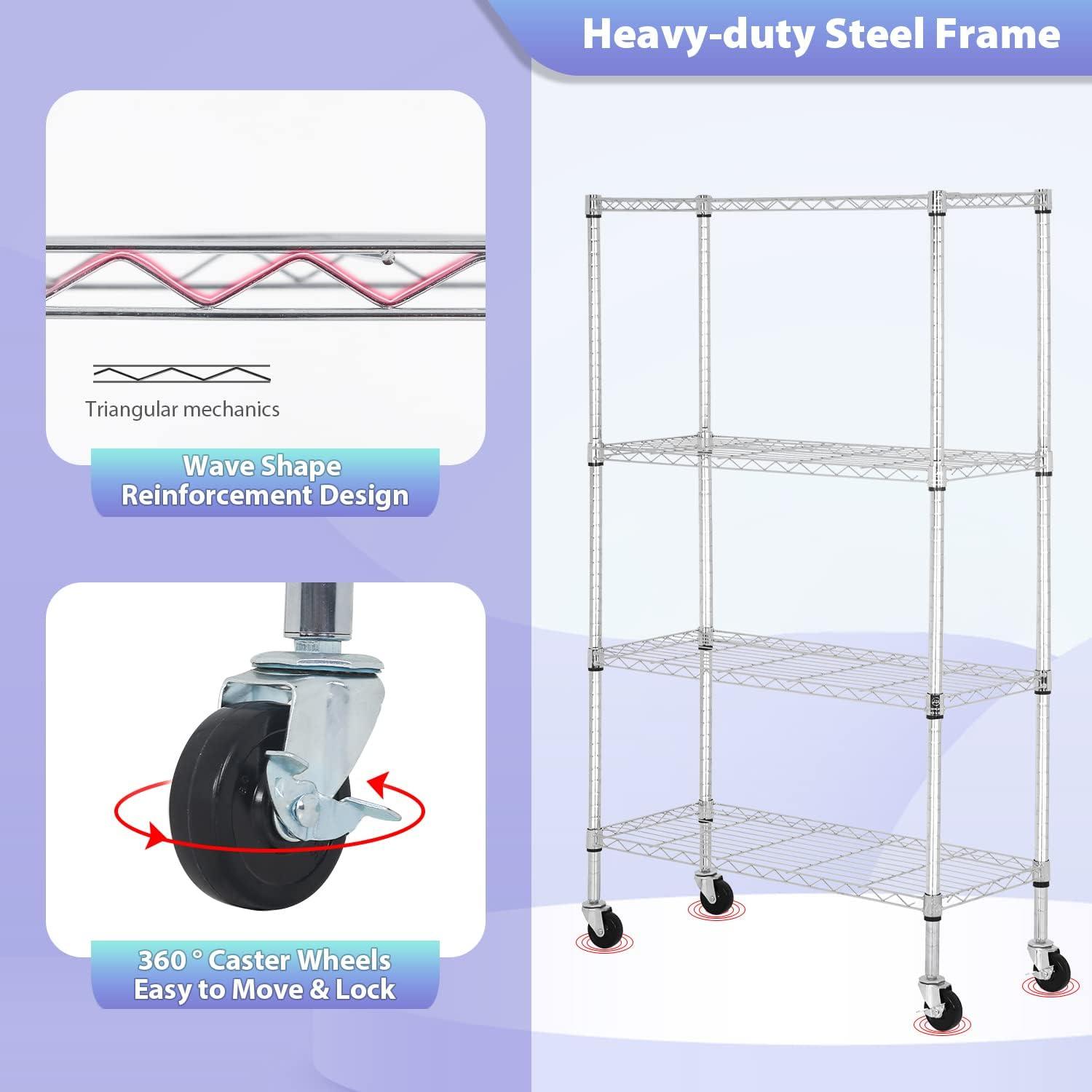 Killeryuki Chrome Storage Shelves, 4-Tier Wire Shelving with Wheels Adjustable Storage Shelves 500lbs Capacity Metal Shelf 36L x 14W x 62H for Office Garage Kitchen Basement Bedroom