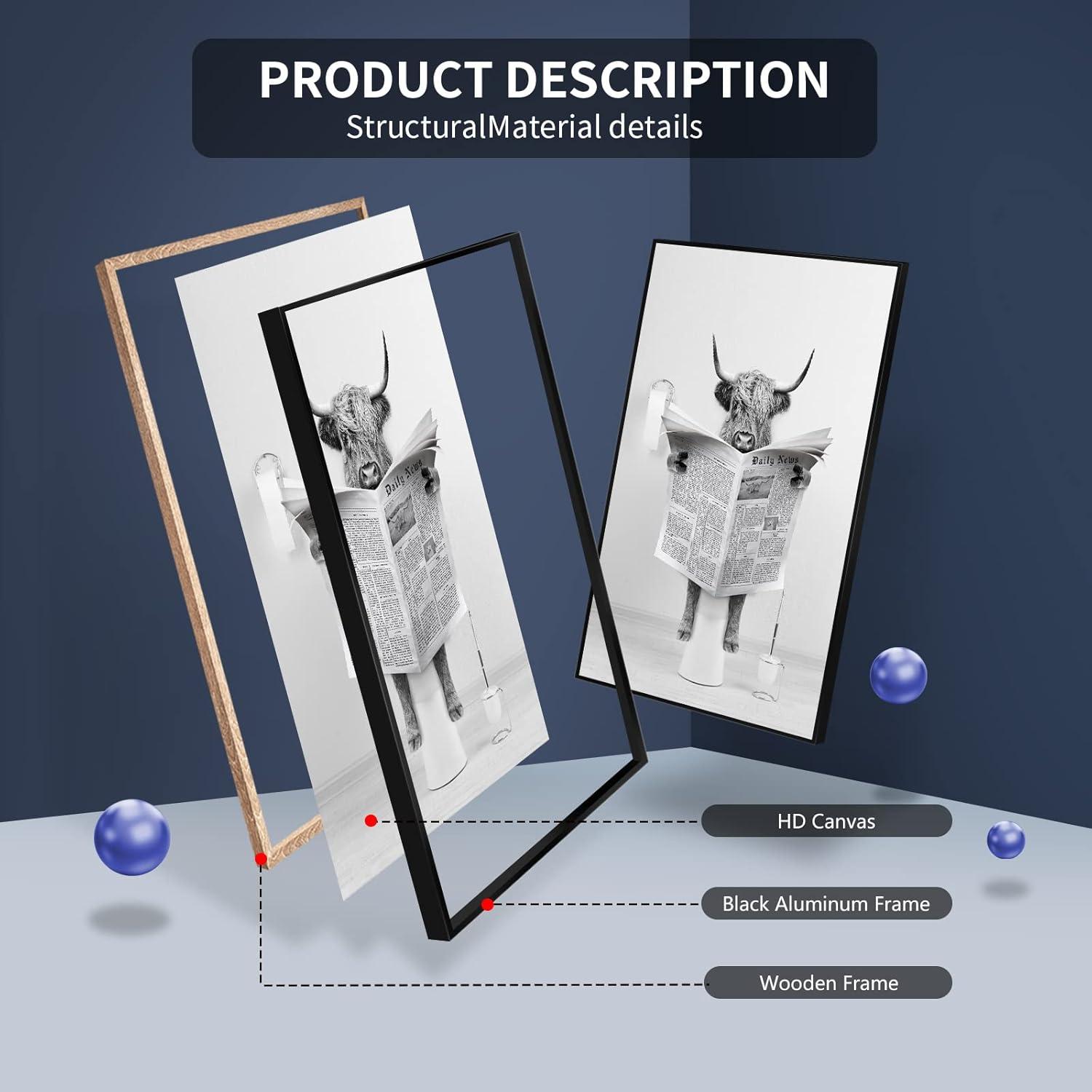 Modern Black Framed Highland Cow Wall Art Minimalist Bathroom Wall Decor Cute Funny Animals Artwork Canvas Prints Ready to Hang for Guest Bathroom, Hotel, Condo, Kids Bathroom, 12”x16”