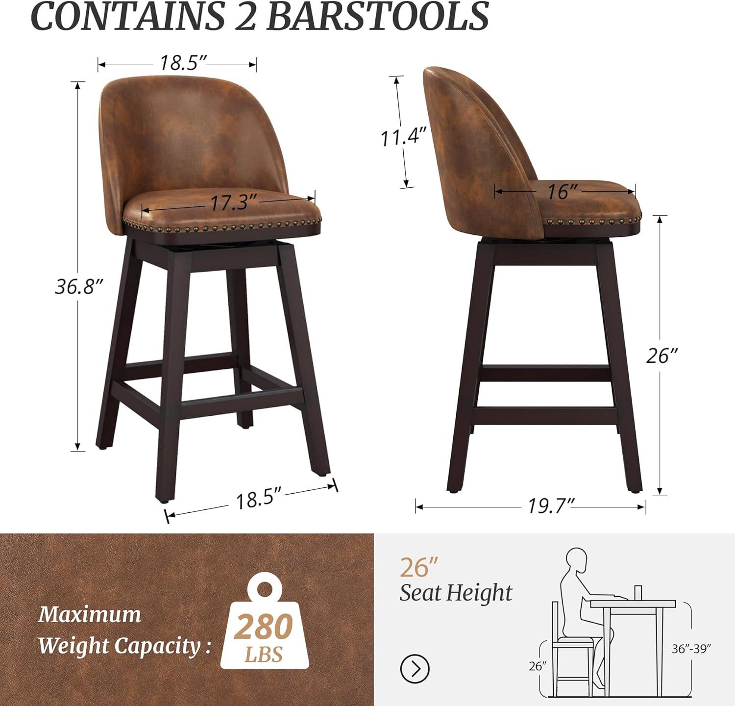 LUE BONA 26'' Swivel Bar Stools Set of 2, Counter Stools with Back & Footrest for Kitchen,Brown