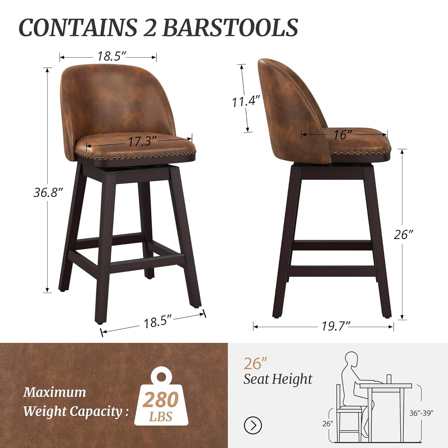 LUE BONA 26'' Swivel Bar Stools Set of 2, Counter Stools with Back & Footrest for Kitchen,Brown